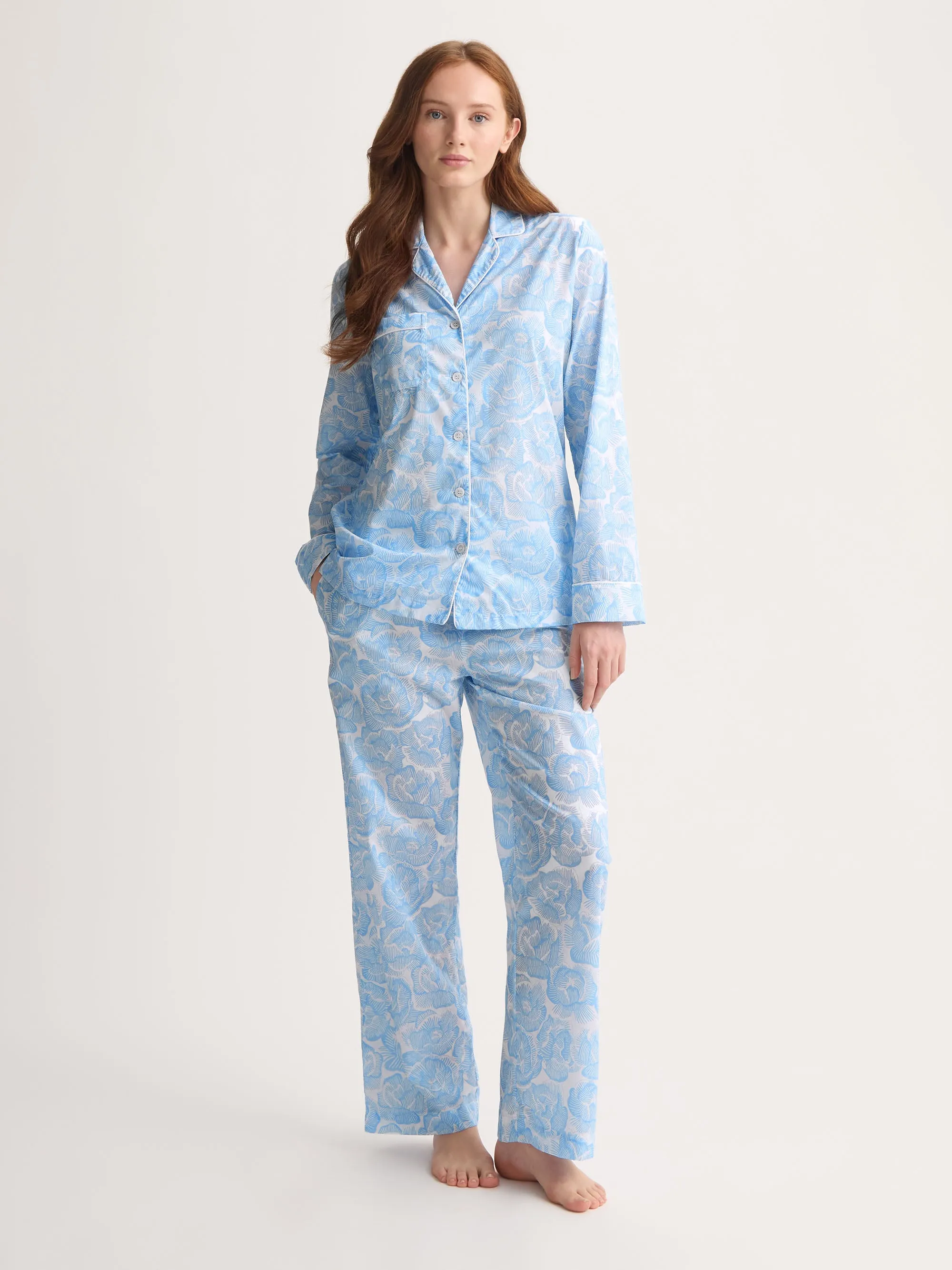 Women's Pajamas Cotton Batiste Light Blue & White Rose Print sold by Derek Rose