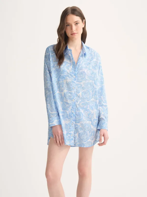 Women's Nightshirt Cotton Batiste Light Blue & White Rose Print made by Derek Rose