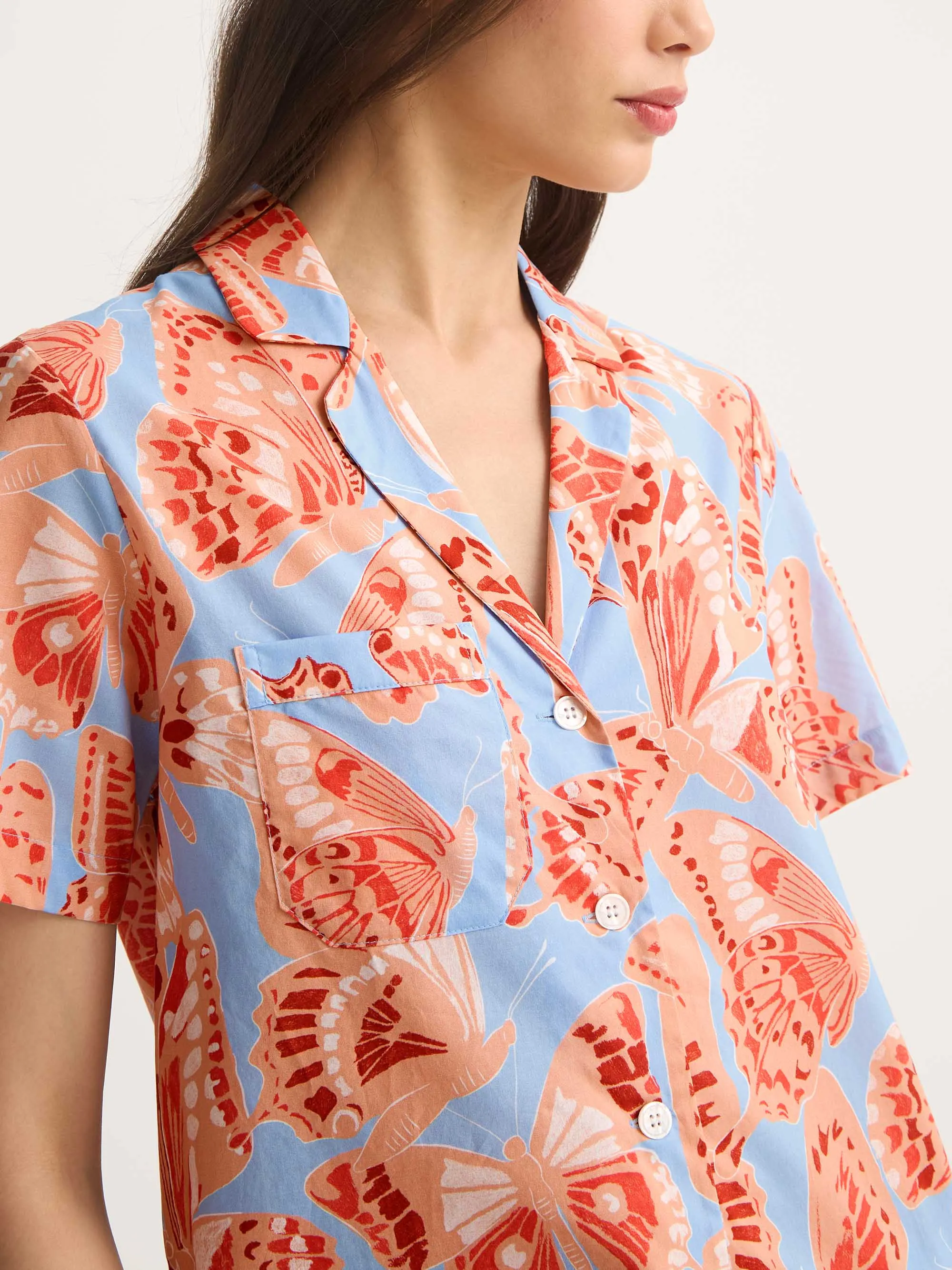 Women's Short Pajamas Cotton Batiste Light Blue & Peach Butterfly Print sold by Derek Rose product image thumbnail 3
