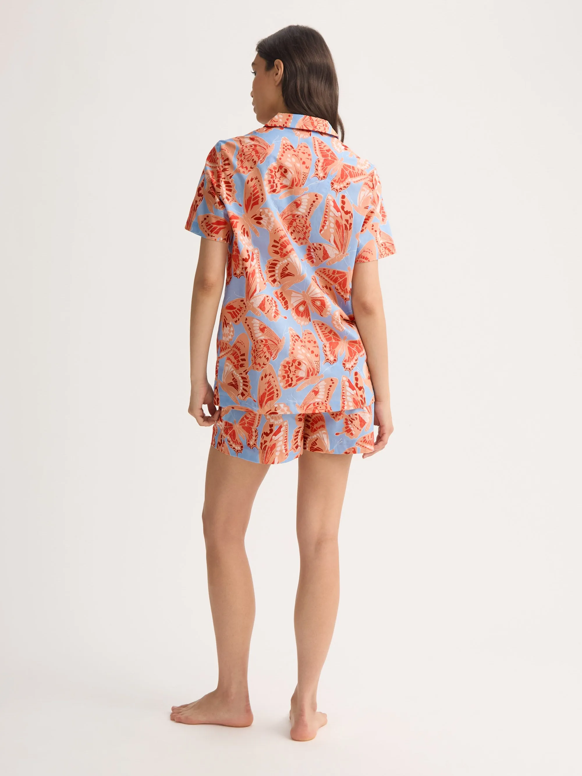 Women's Short Pajamas Cotton Batiste Light Blue & Peach Butterfly Print sold by Derek Rose product image thumbnail 4