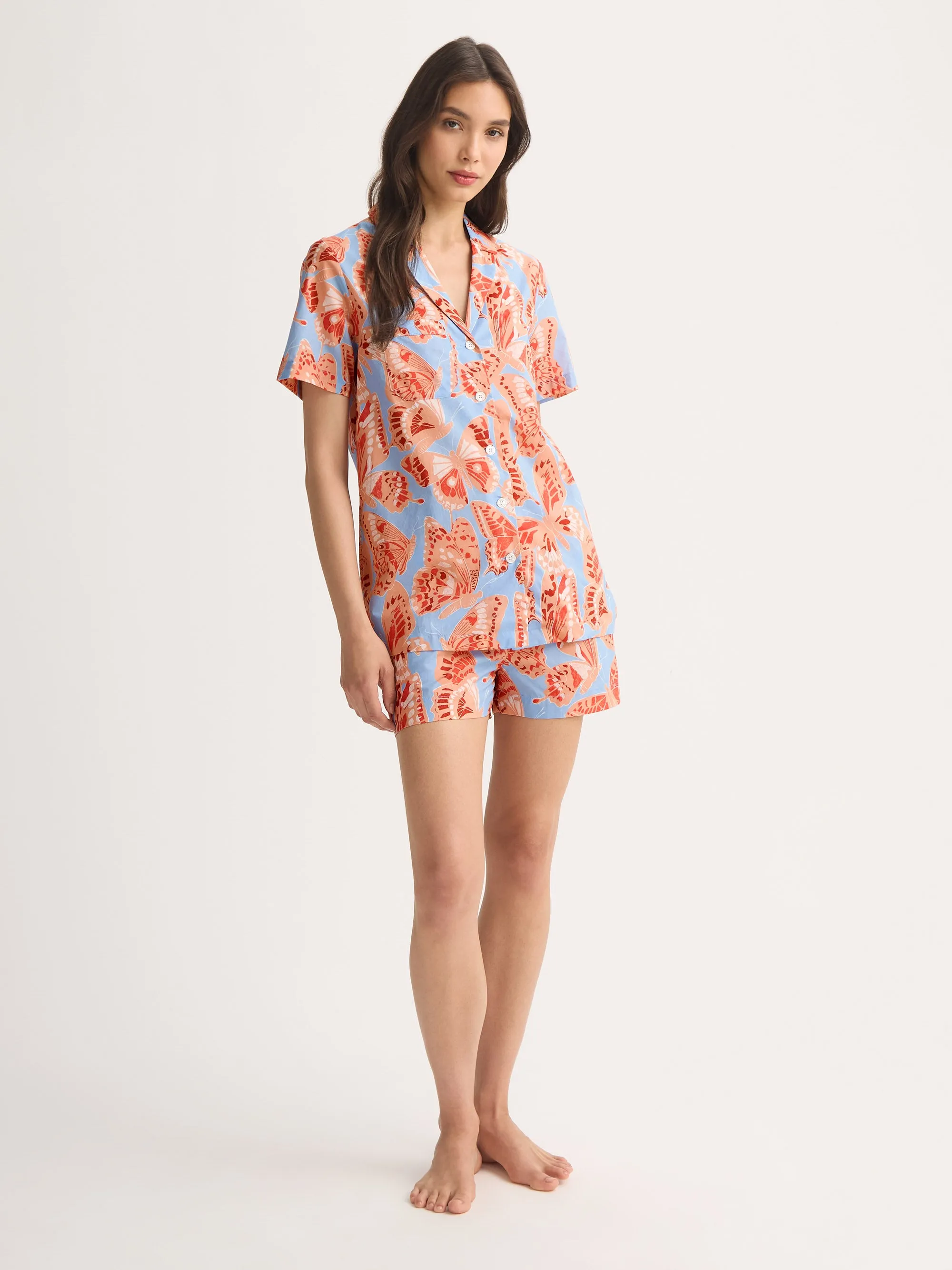 Women's Short Pajamas Cotton Batiste Light Blue & Peach Butterfly Print sold by Derek Rose