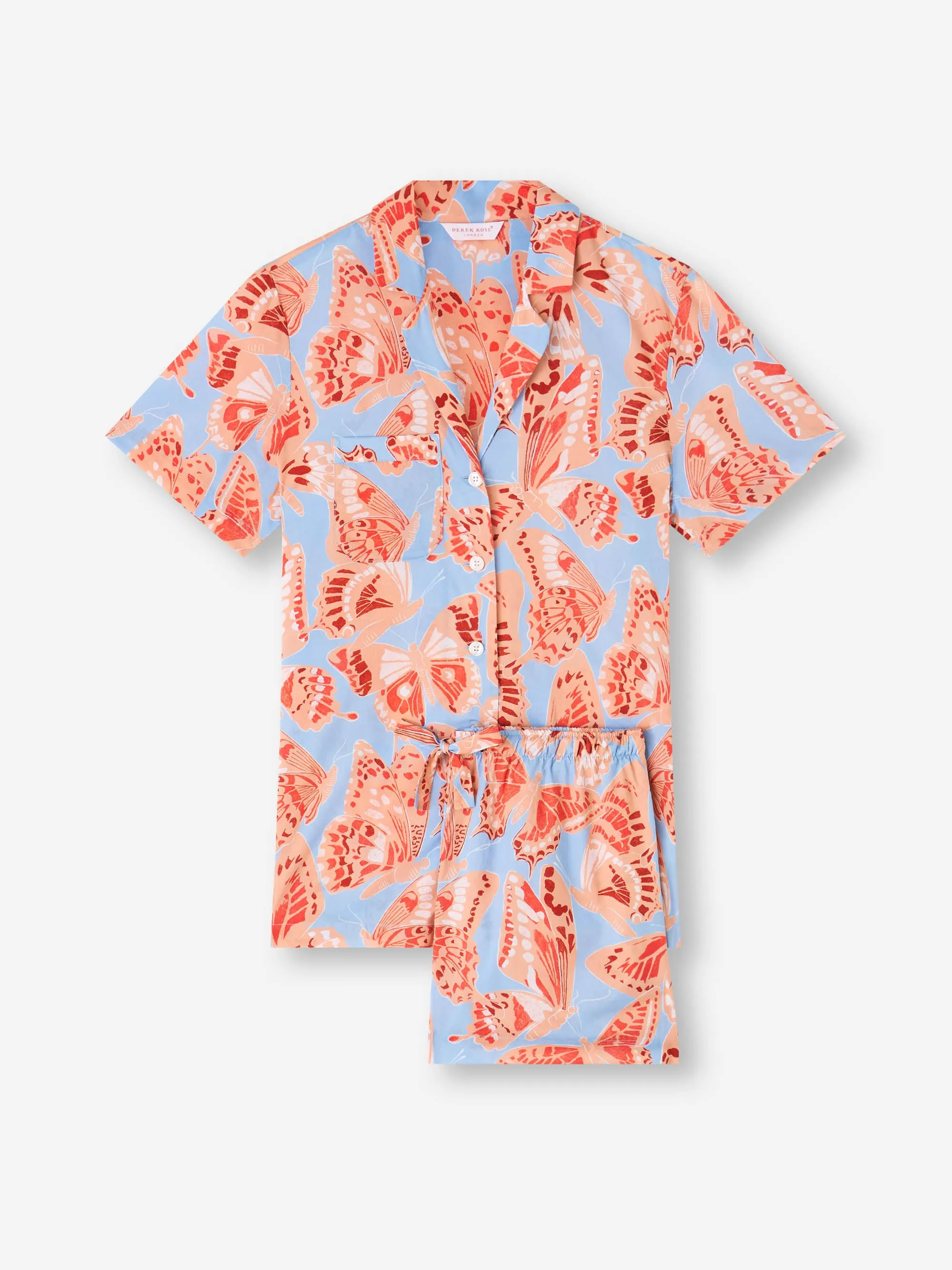 Women's Short Pajamas Cotton Batiste Light Blue & Peach Butterfly Print sold by Derek Rose product image thumbnail 5