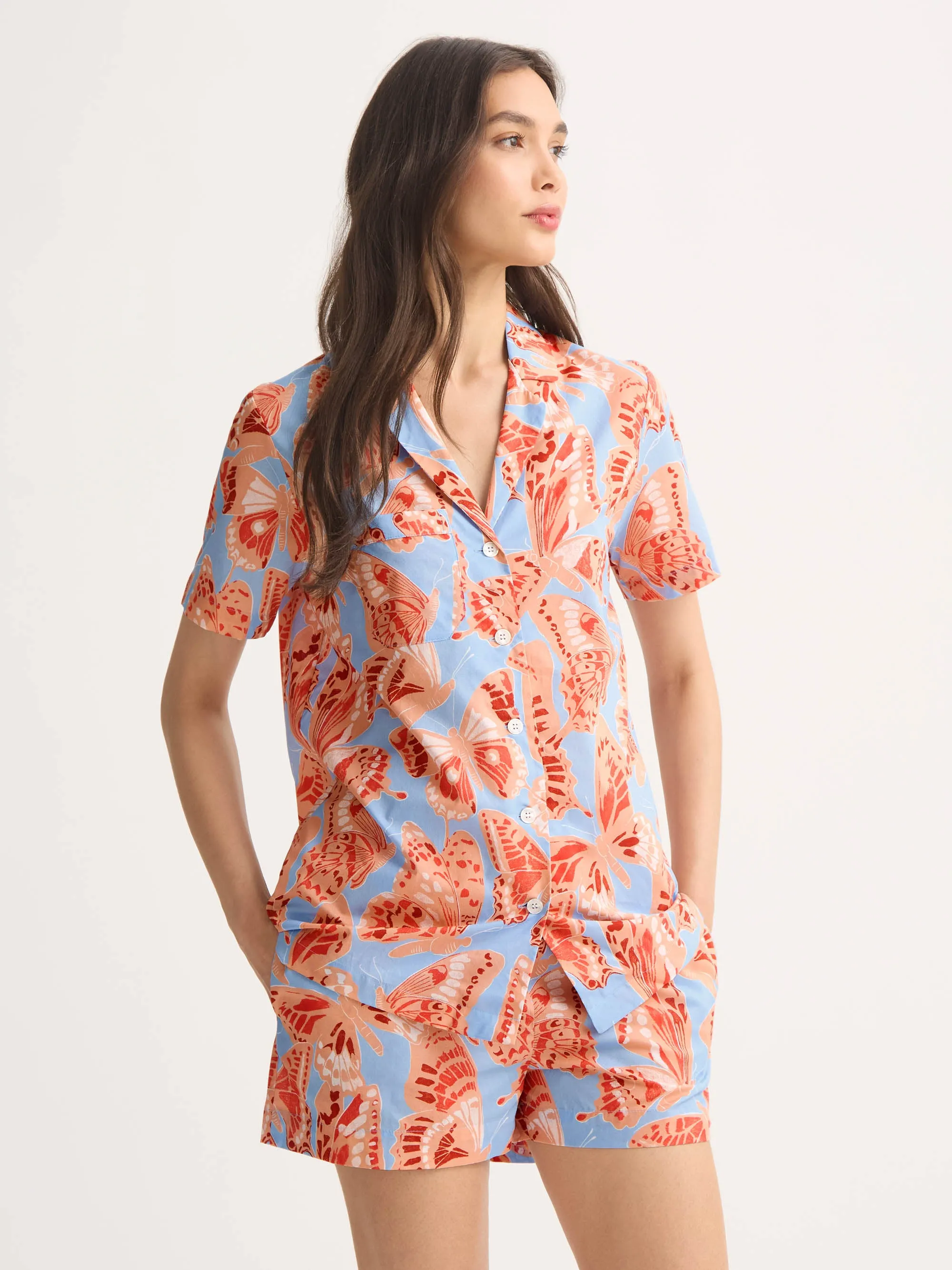 Women's Short Pajamas Cotton Batiste Light Blue & Peach Butterfly Print sold by Derek Rose product image thumbnail 2