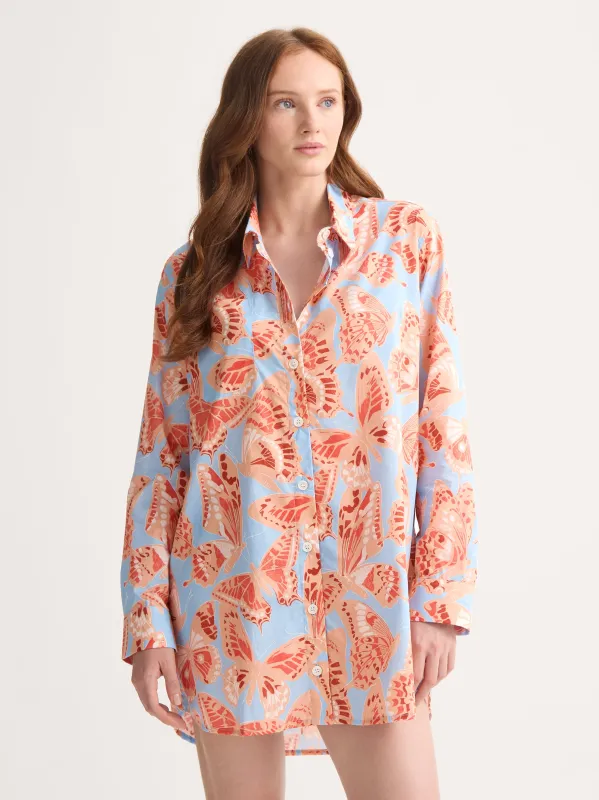 Women's Nightshirt Cotton Batiste Light Blue & Peach Butterfly Print made by Derek Rose