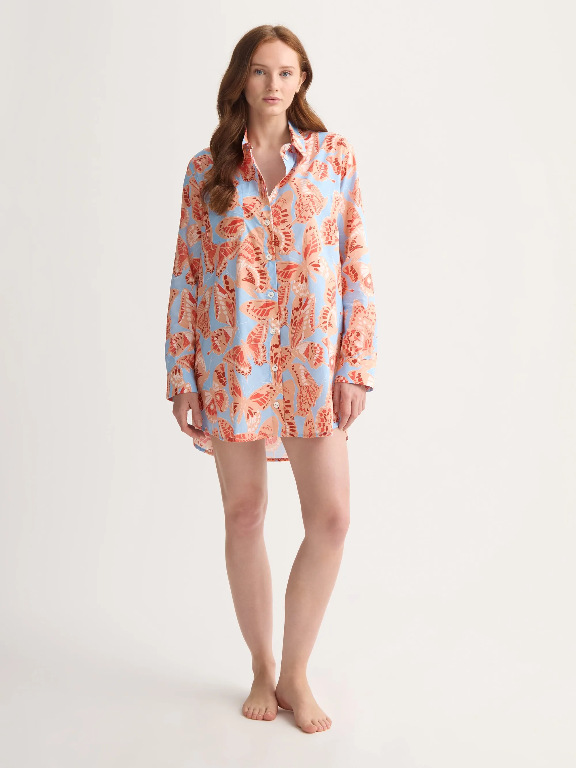 Women's Nightshirt Cotton Batiste Light Blue & Peach Butterfly Print sold by Derek Rose product image thumbnail 2