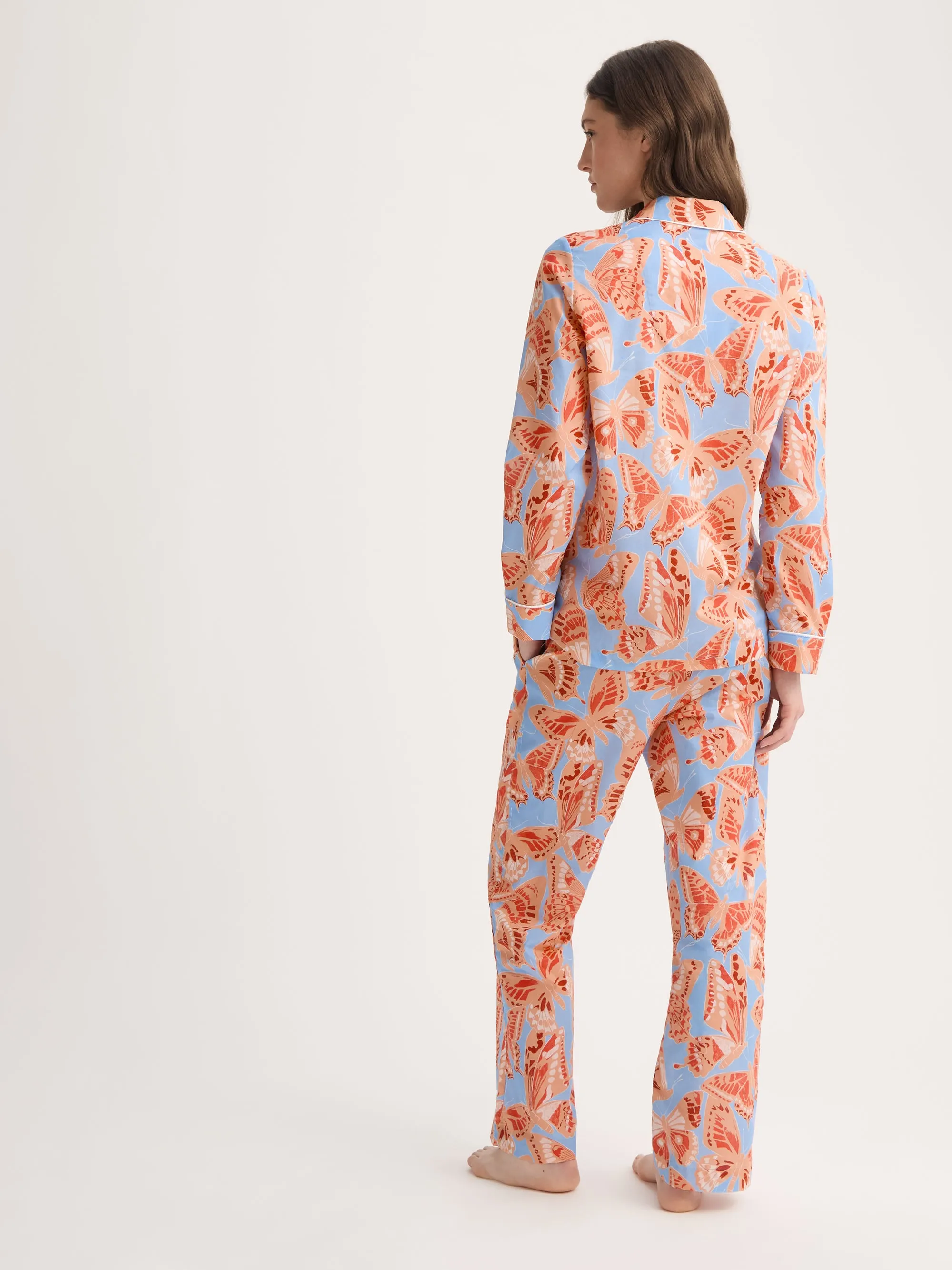 Women's Pajamas Cotton Batiste Light Blue & Peach Butterfly Print sold by Derek Rose product image thumbnail 3