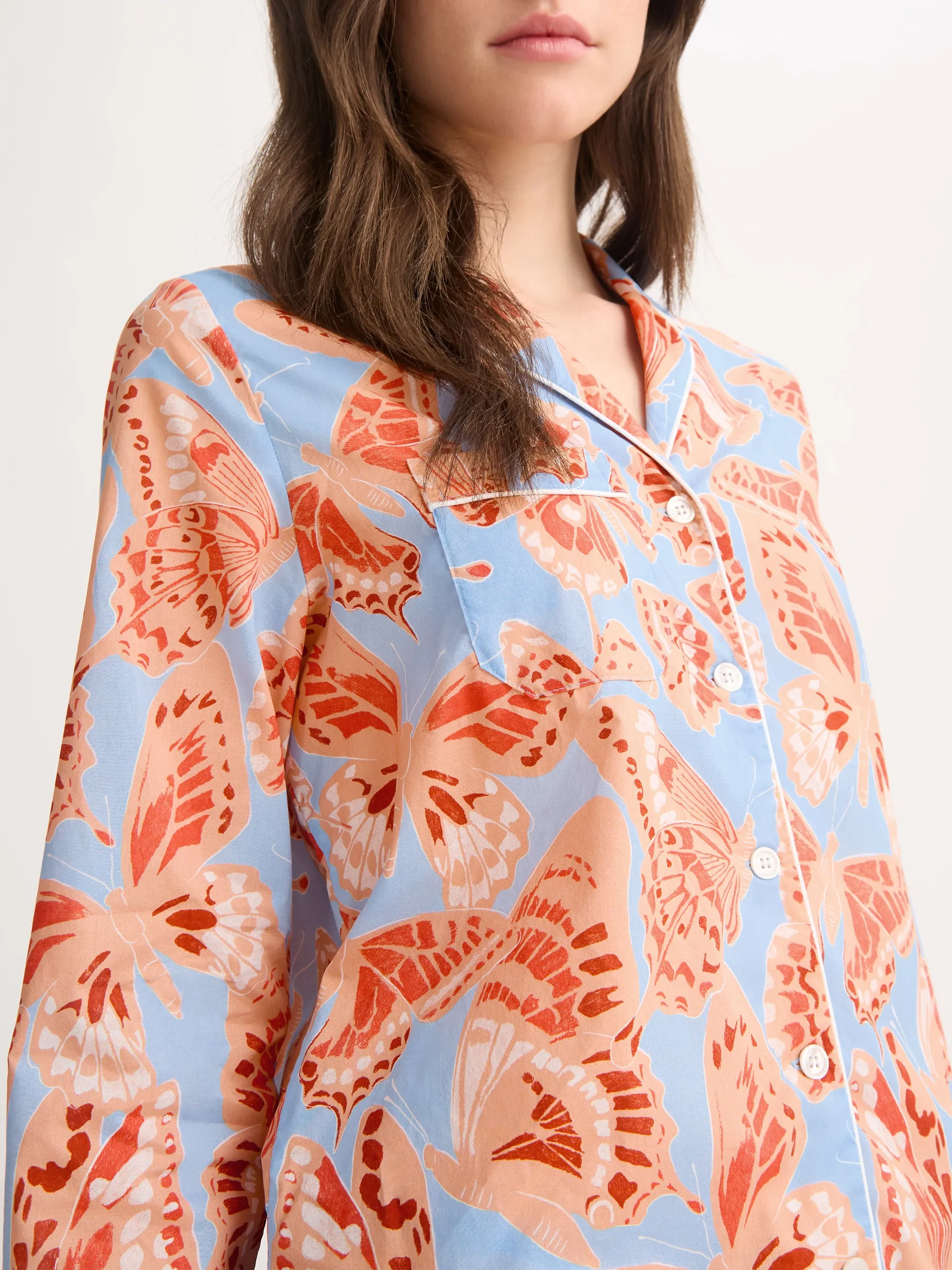 Women's Pajamas Cotton Batiste Light Blue & Peach Butterfly Print sold by Derek Rose product image thumbnail 4