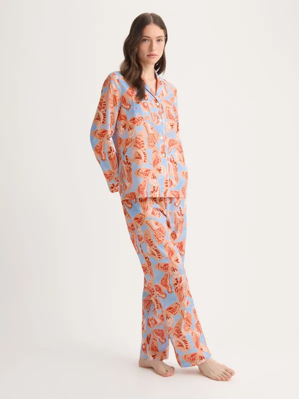 Women's Pajamas Cotton Batiste Light Blue & Peach Butterfly Print sold by Derek Rose