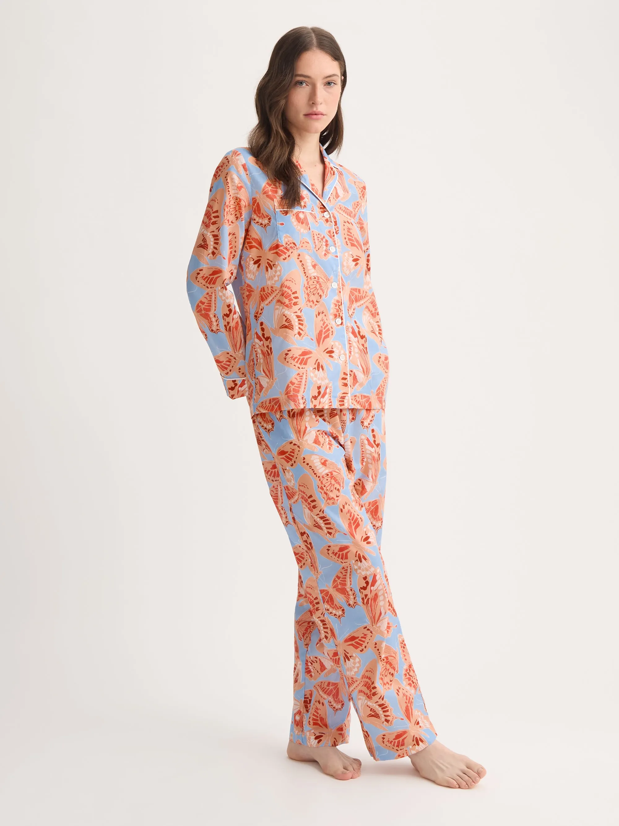 Women's Pajamas Cotton Batiste Light Blue & Peach Butterfly Print sold by Derek Rose