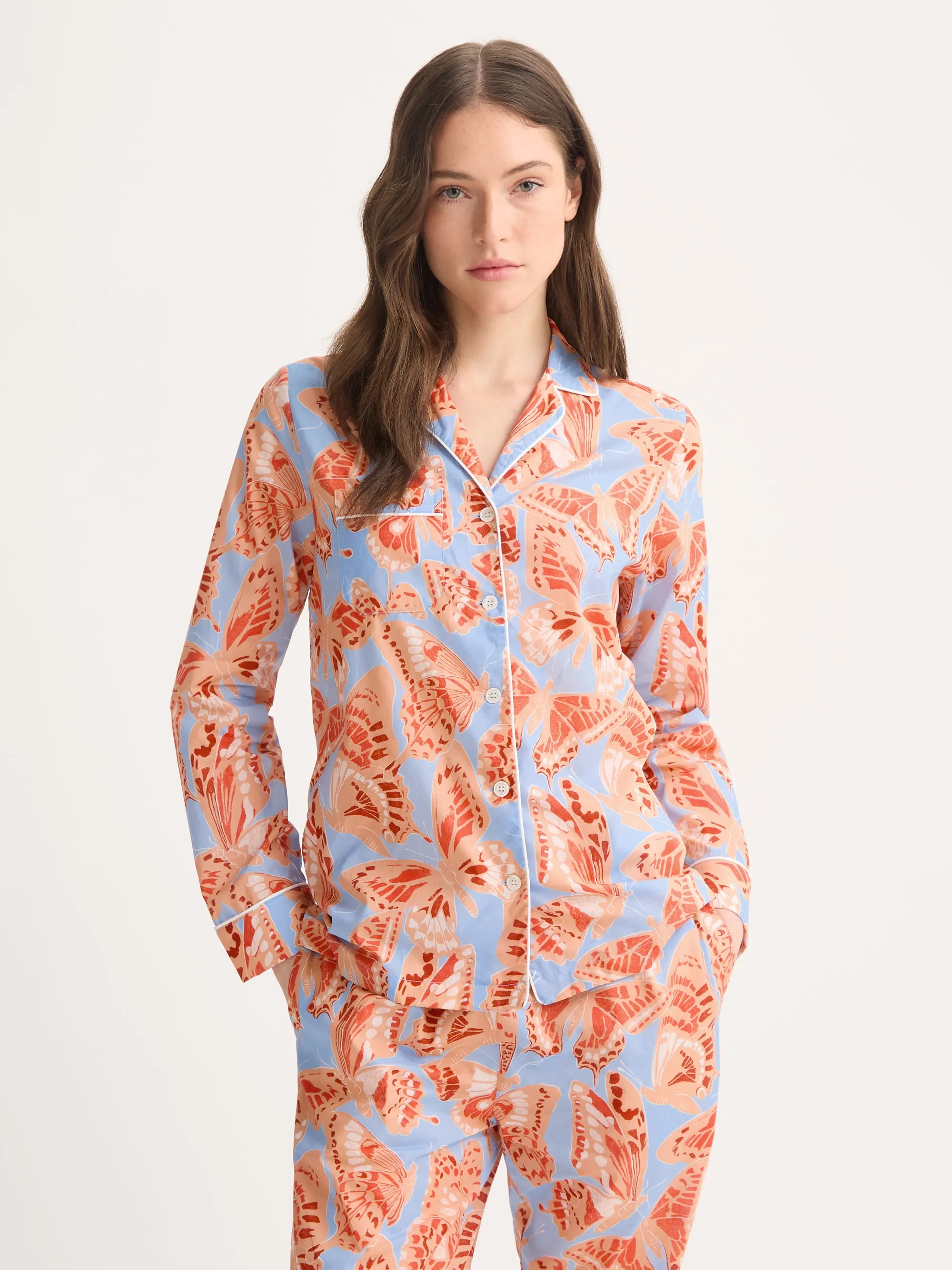 Women's Pajamas Cotton Batiste Light Blue & Peach Butterfly Print sold by Derek Rose product image thumbnail 2