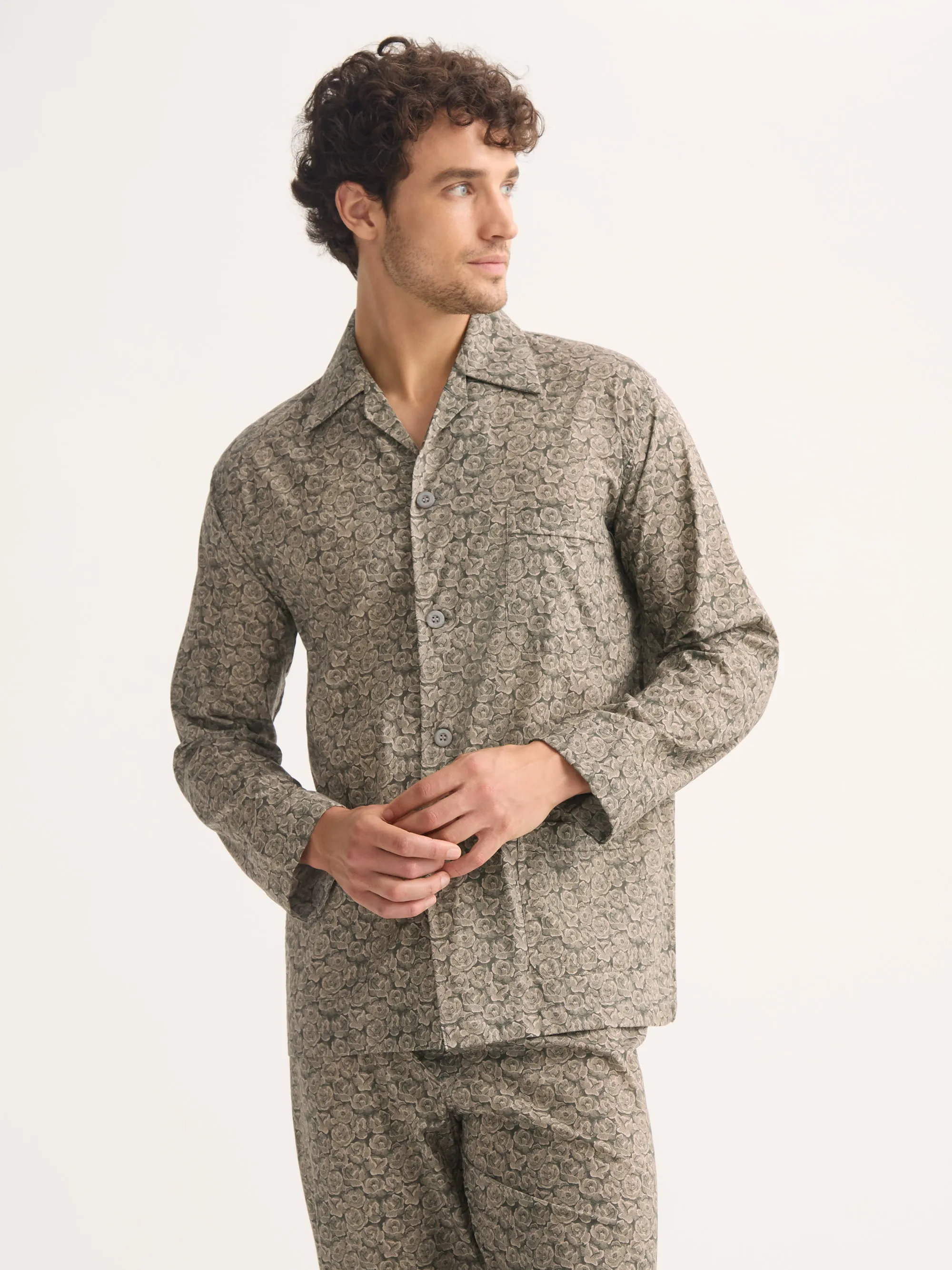Men's Classic Fit Pajamas Cotton Batiste Camo Green Rose Print sold by Derek Rose product image thumbnail 4