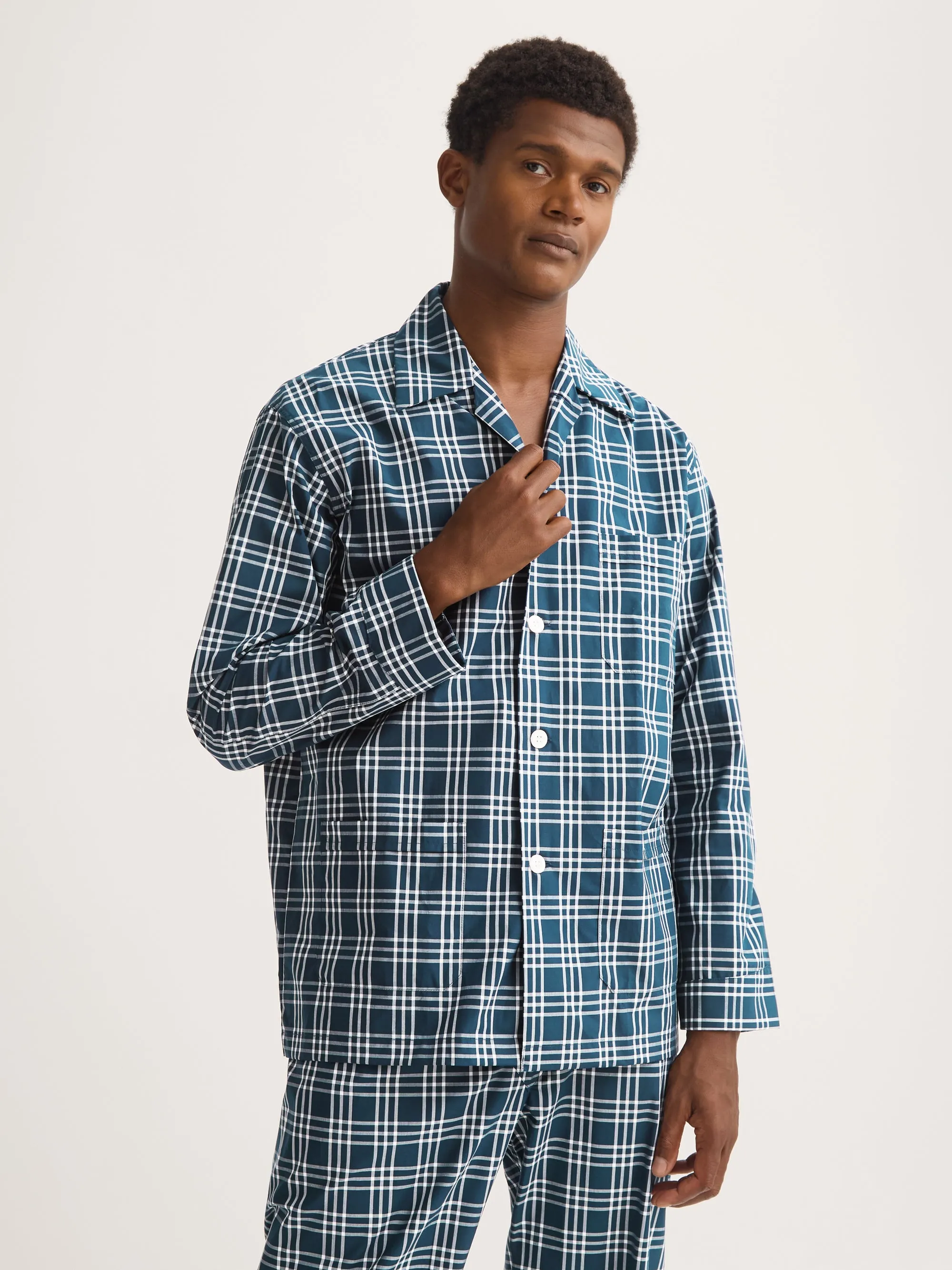 Men's Classic Fit Pajamas Barker Cotton French Blue & White Check sold by Derek Rose product image thumbnail 4