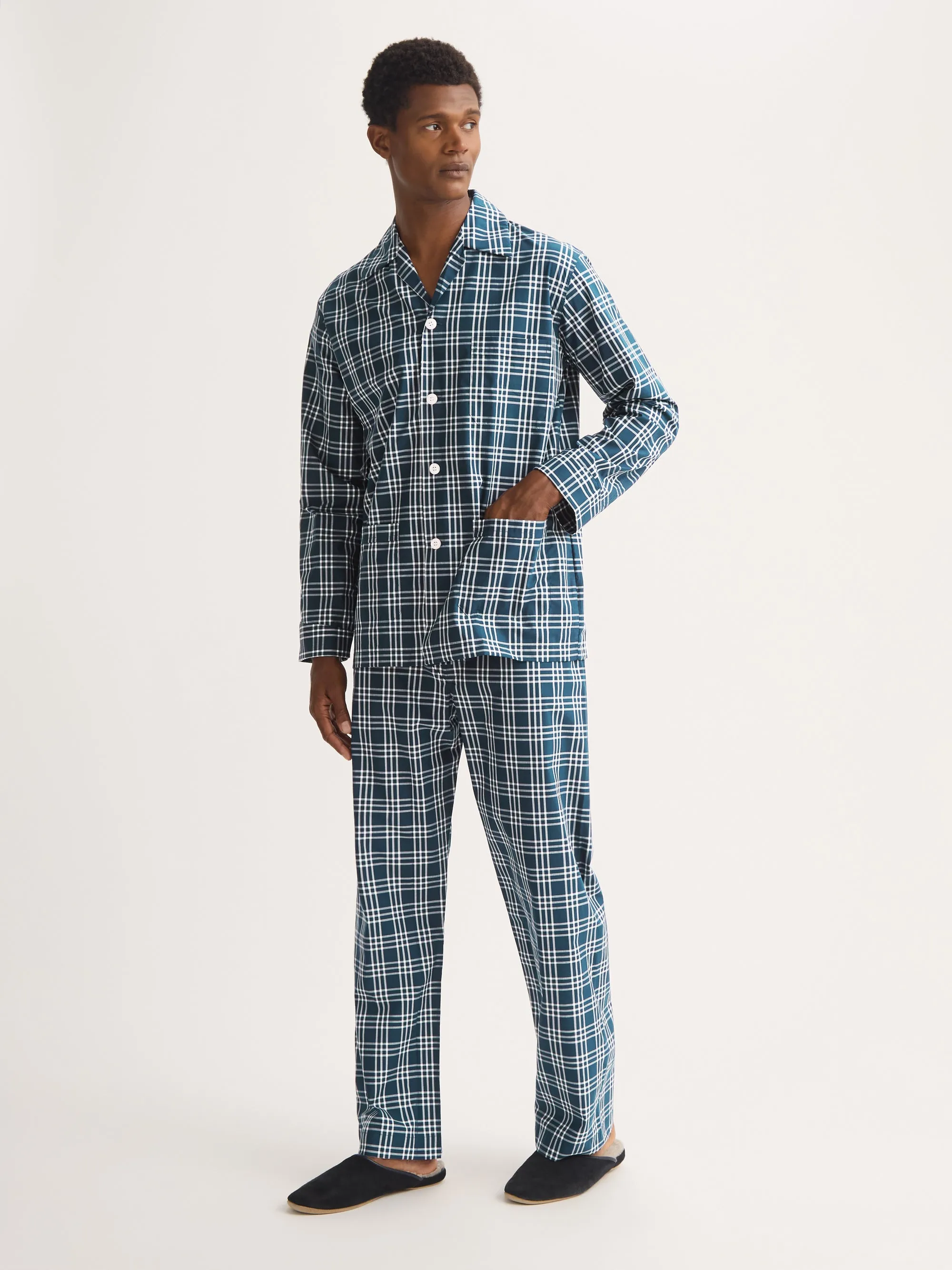 Men's Classic Fit Pajamas Barker Cotton French Blue & White Check sold by Derek Rose product image thumbnail 2