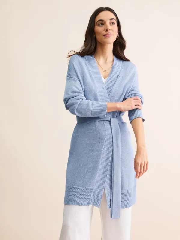 Women's Belted Cardigan Delphine Silk Linen Lavender Blue made by Derek Rose