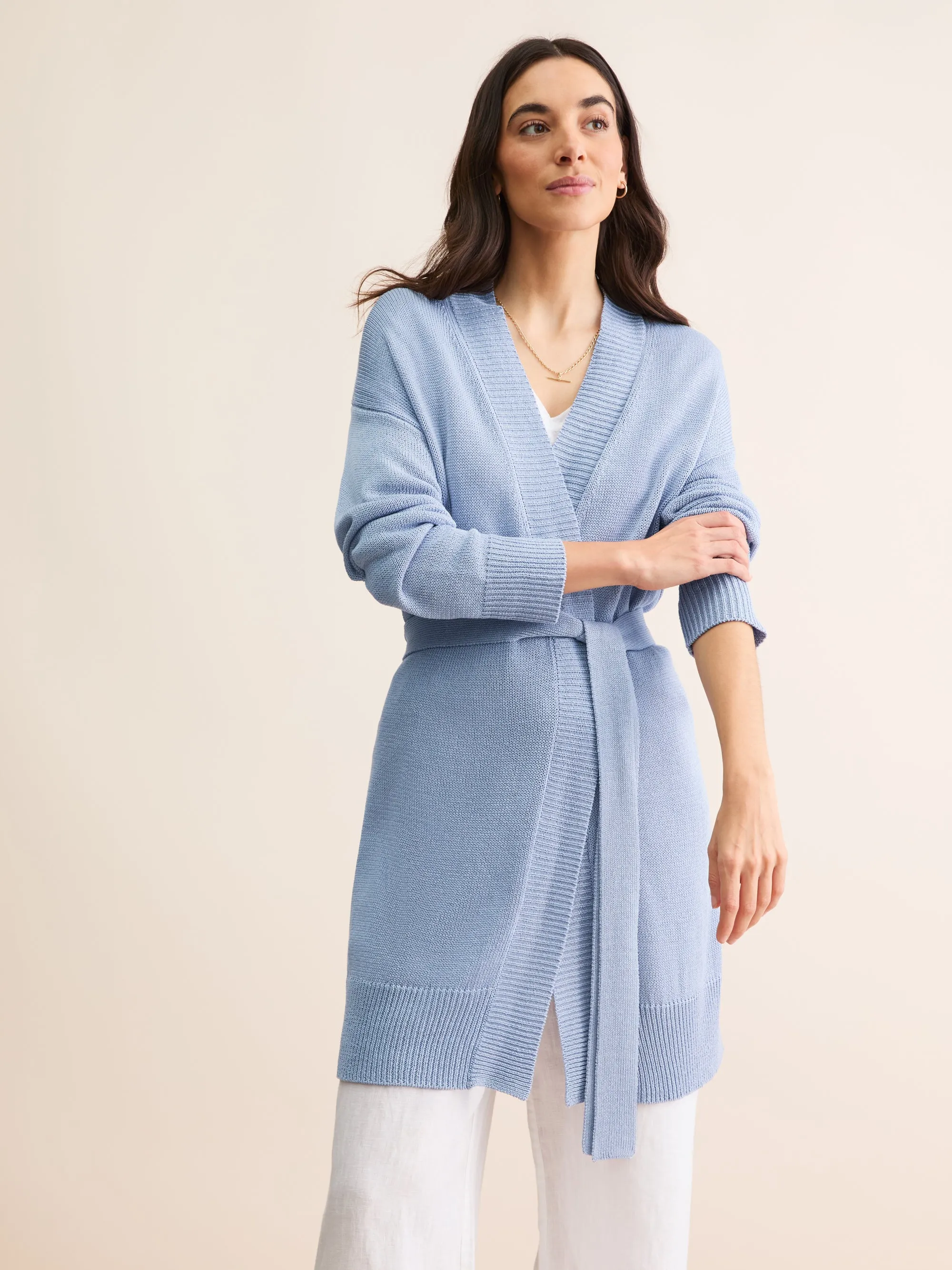 Women's Belted Cardigan Delphine Silk Linen Lavender Blue sold by Derek Rose