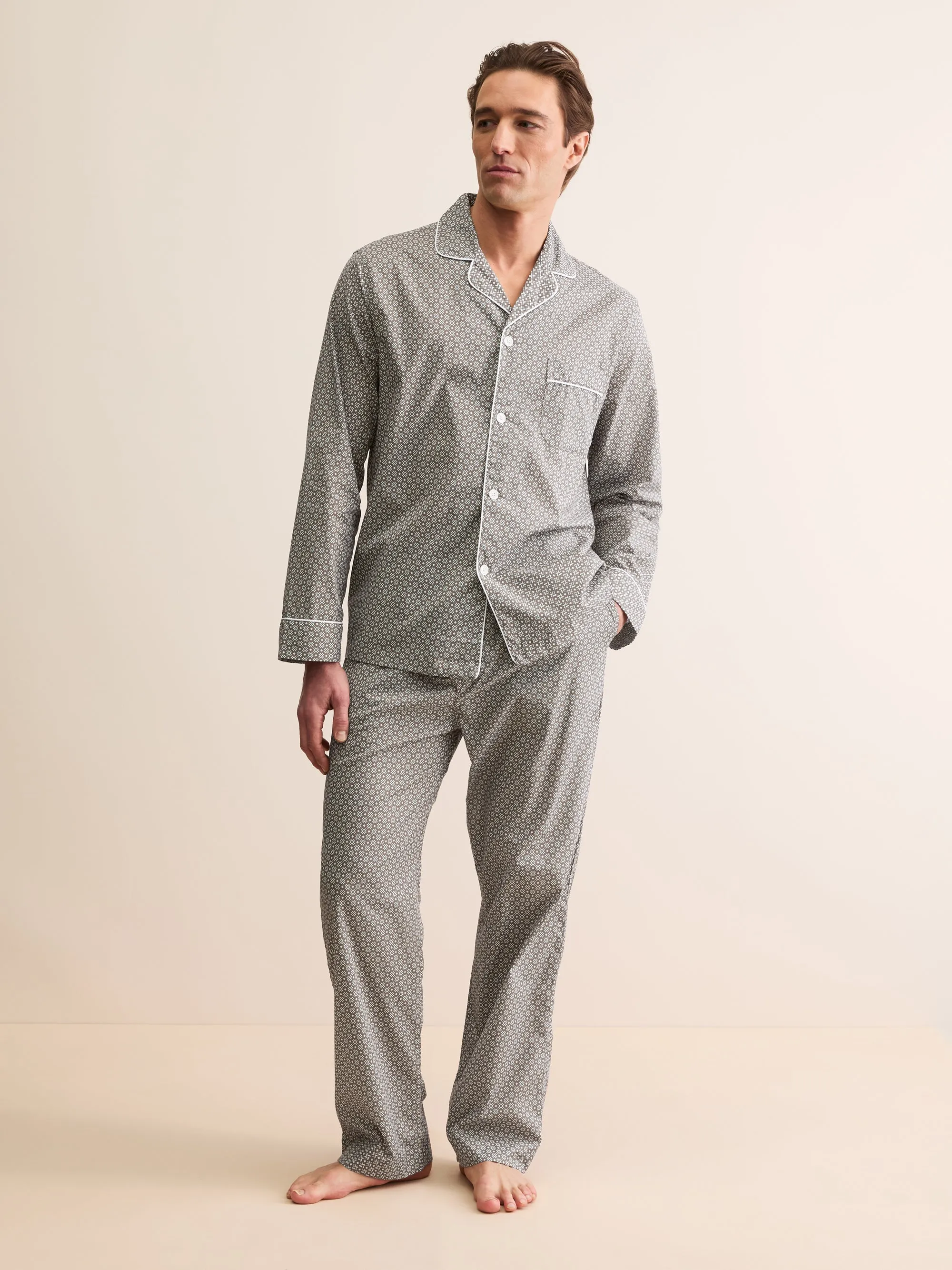 Ledbury Cotton Batiste Pajamas Taupe London Geo Cross sold by Derek Rose product image thumbnail 2