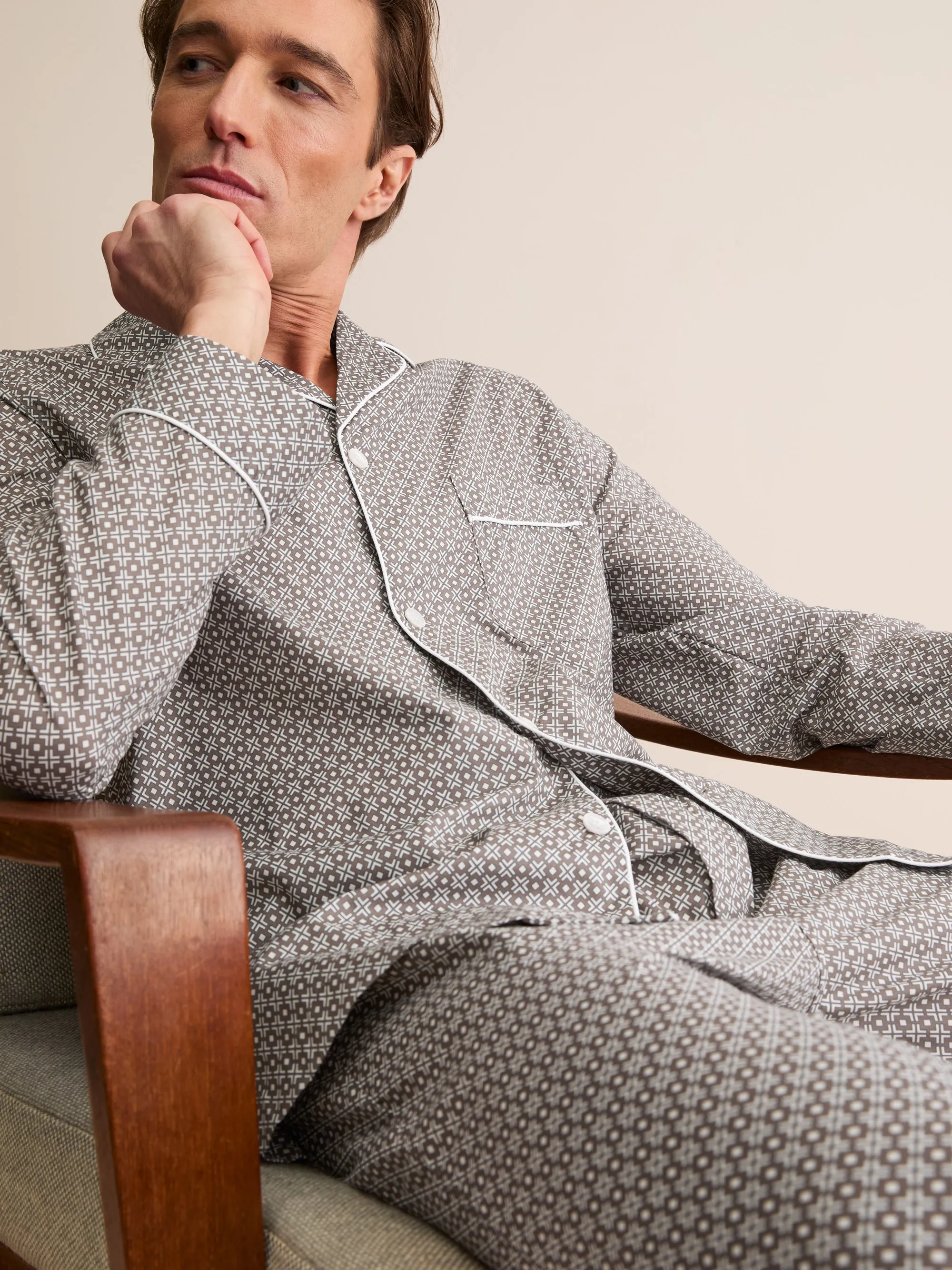 Ledbury Cotton Batiste Pajamas Taupe London Geo Cross sold by Derek Rose