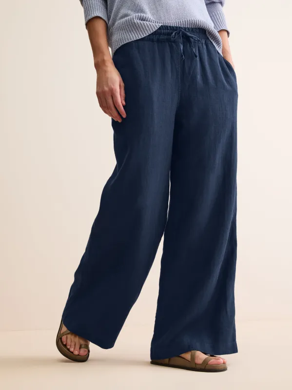 Women's Wide Leg Pants Sicily Linen Navy Blue made by Derek Rose