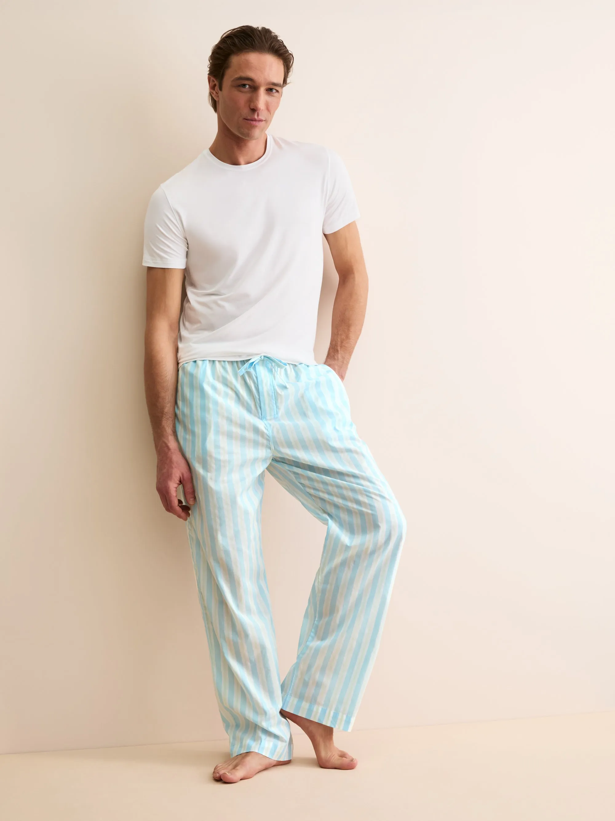 Men's Lounge Pants Amalfi Cotton Batiste Aqua Blue Stripe sold by Derek Rose