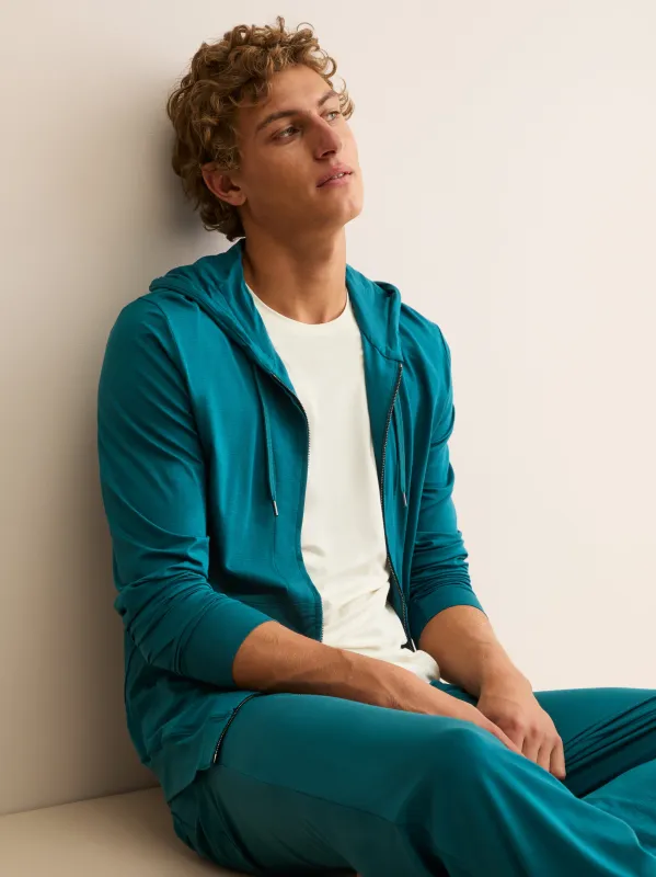 Men's Zip Up Hoodie Basel Micro Modal Stretch Teal made by Derek Rose