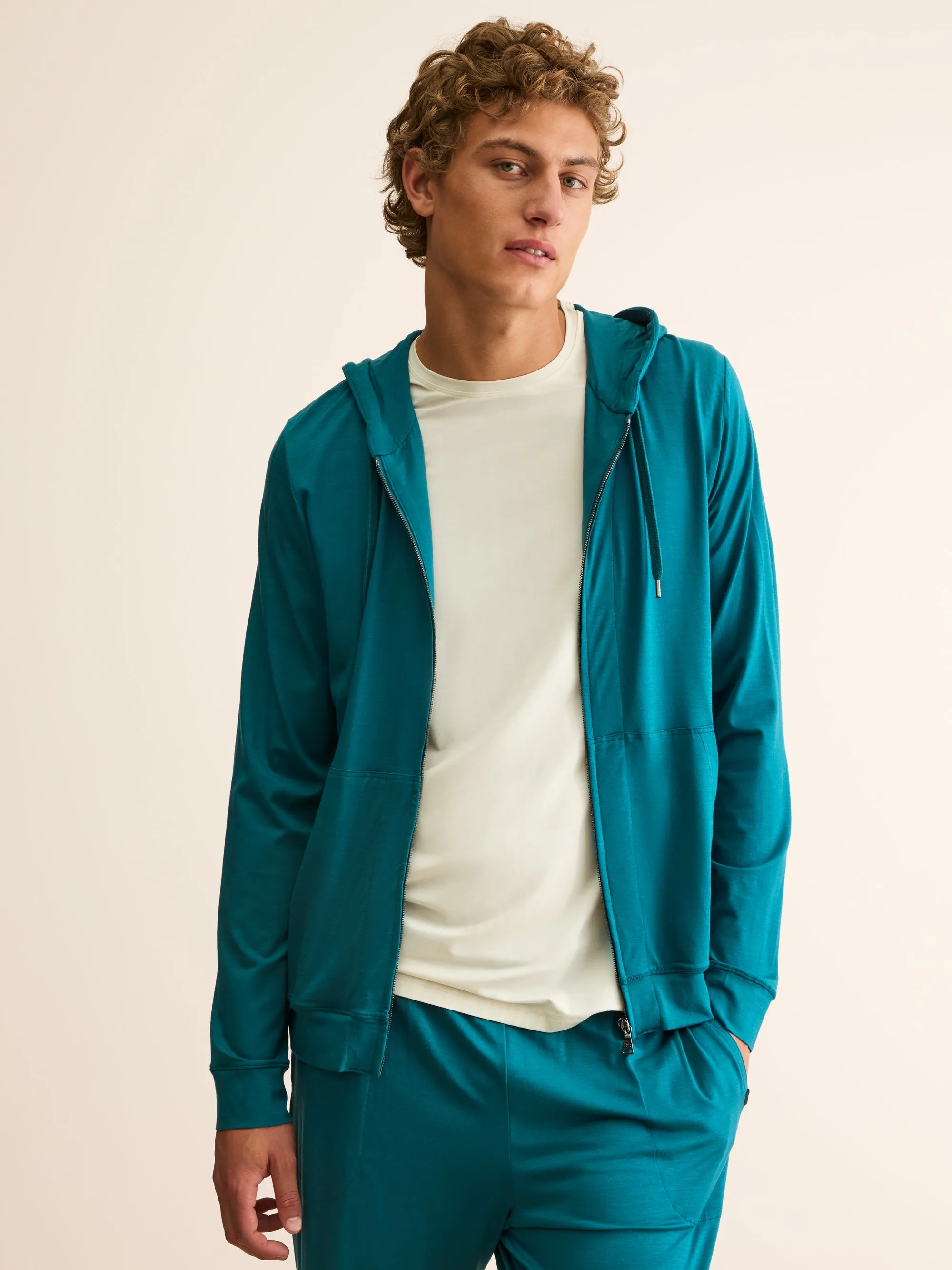 Men's Zip Up Hoodie Basel Micro Modal Stretch Teal sold by Derek Rose product image thumbnail 2