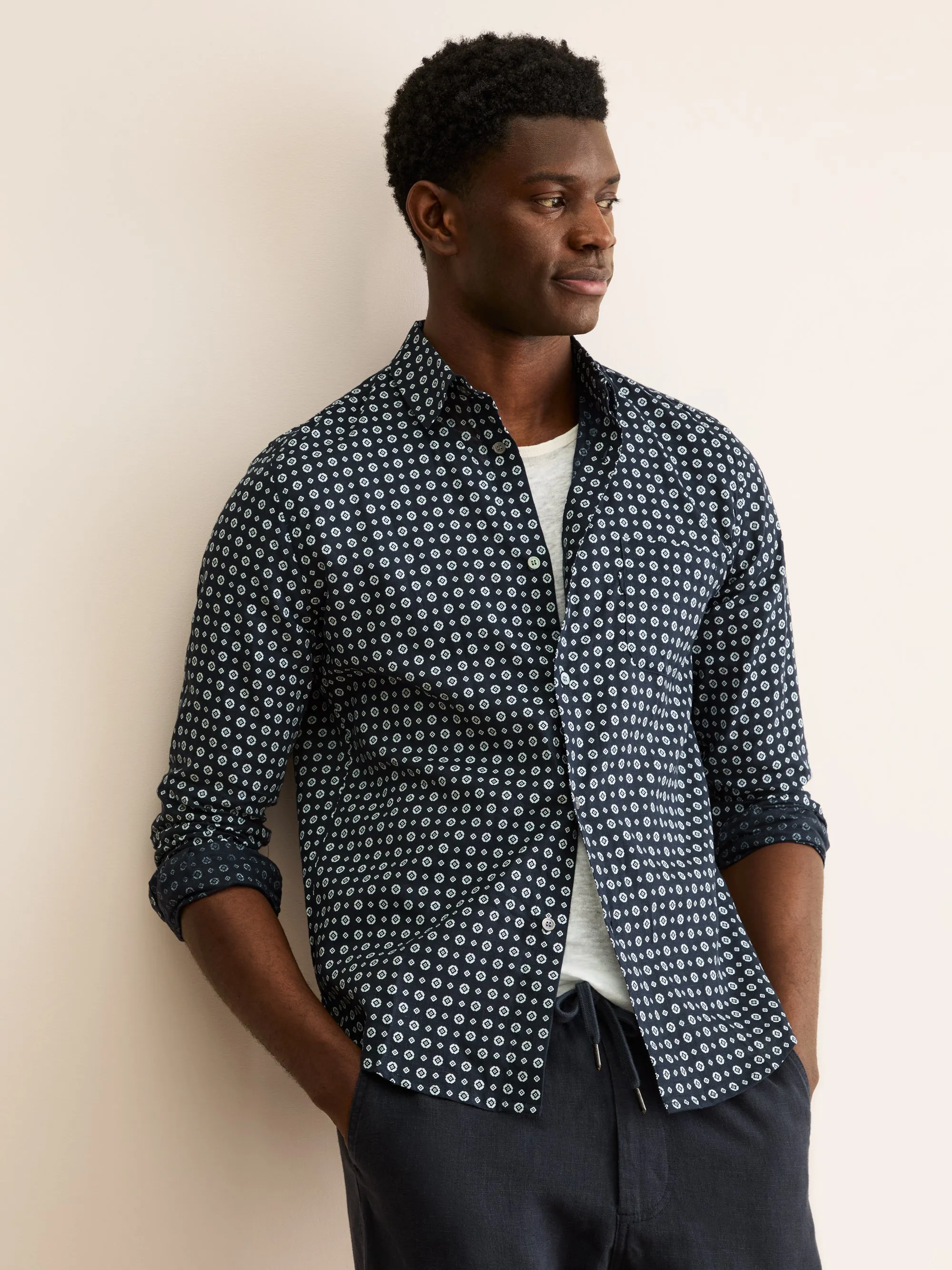 Men's Shirt Milan Linen Navy Blue & White Rose Motif sold by Derek Rose product image thumbnail 4