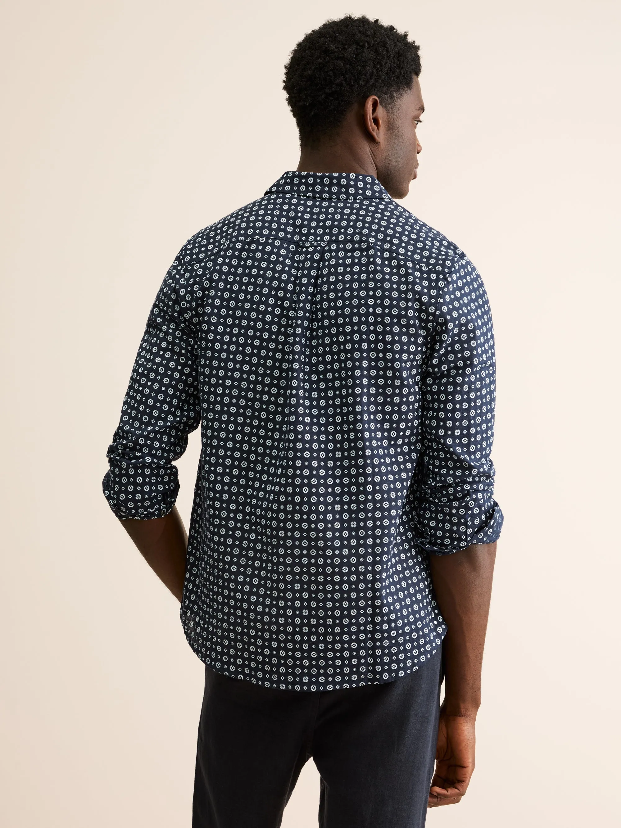 Men's Shirt Milan Linen Navy Blue & White Rose Motif sold by Derek Rose product image thumbnail 3