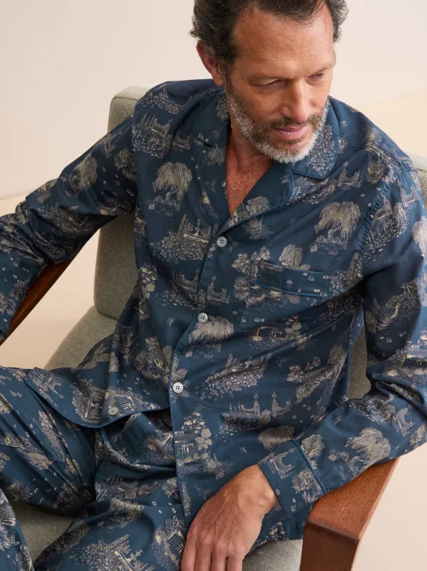 Ledbury Cotton Batiste Pajamas Navy Blue London Toile made by Derek Rose