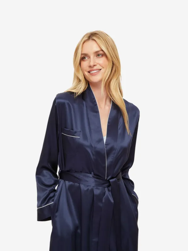 Women's Long Dressing Gown Bailey Silk Satin Navy sold by Derek Rose