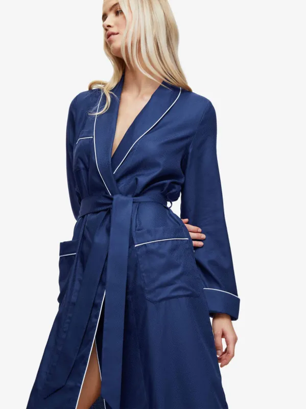 Women's Long Dressing Gown Lombard 6 Cotton Jacquard Navy sold by Derek Rose
