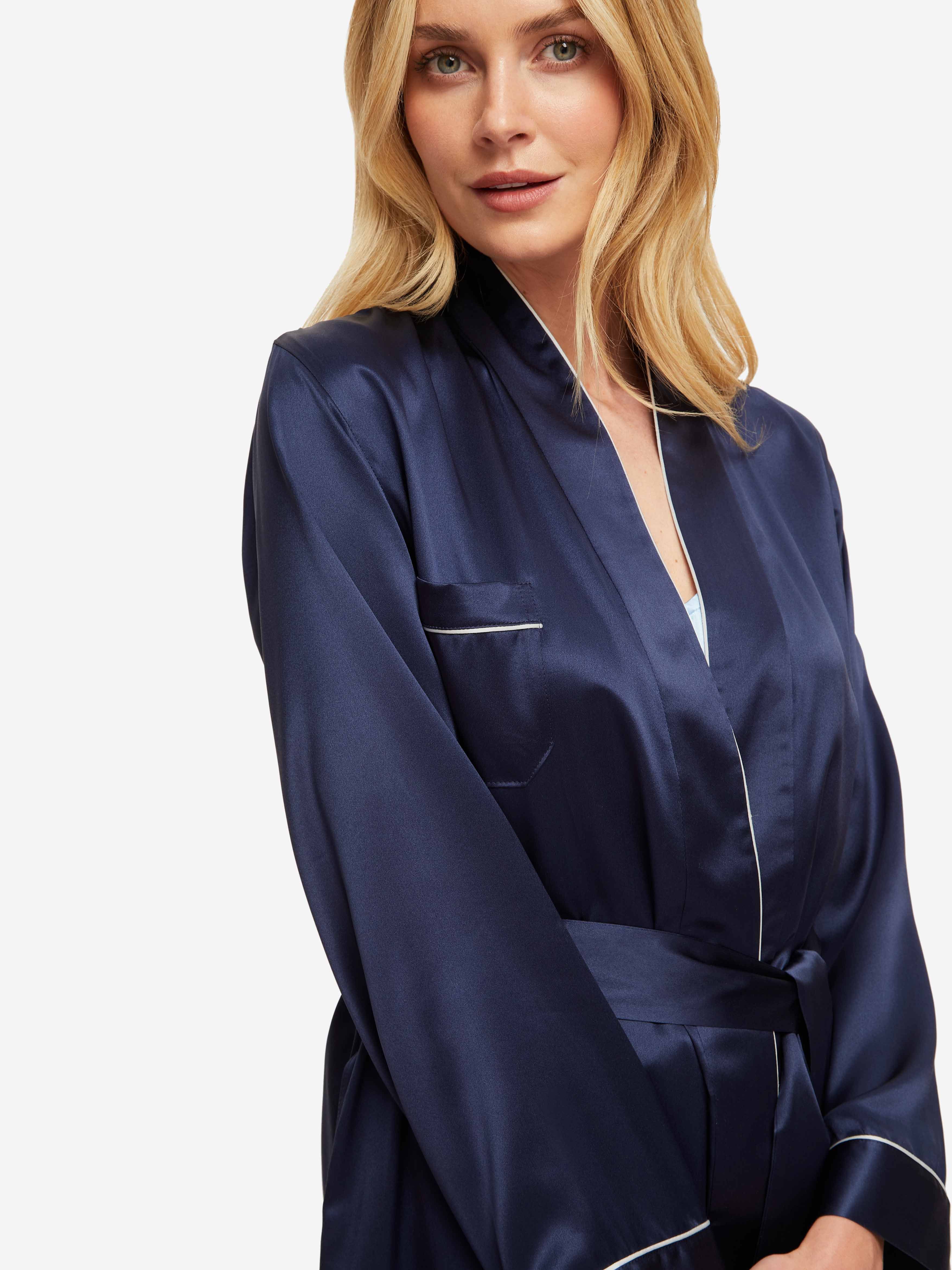 Women's Long Dressing Gown Bailey Silk Satin Navy sold by Derek Rose product image thumbnail 5
