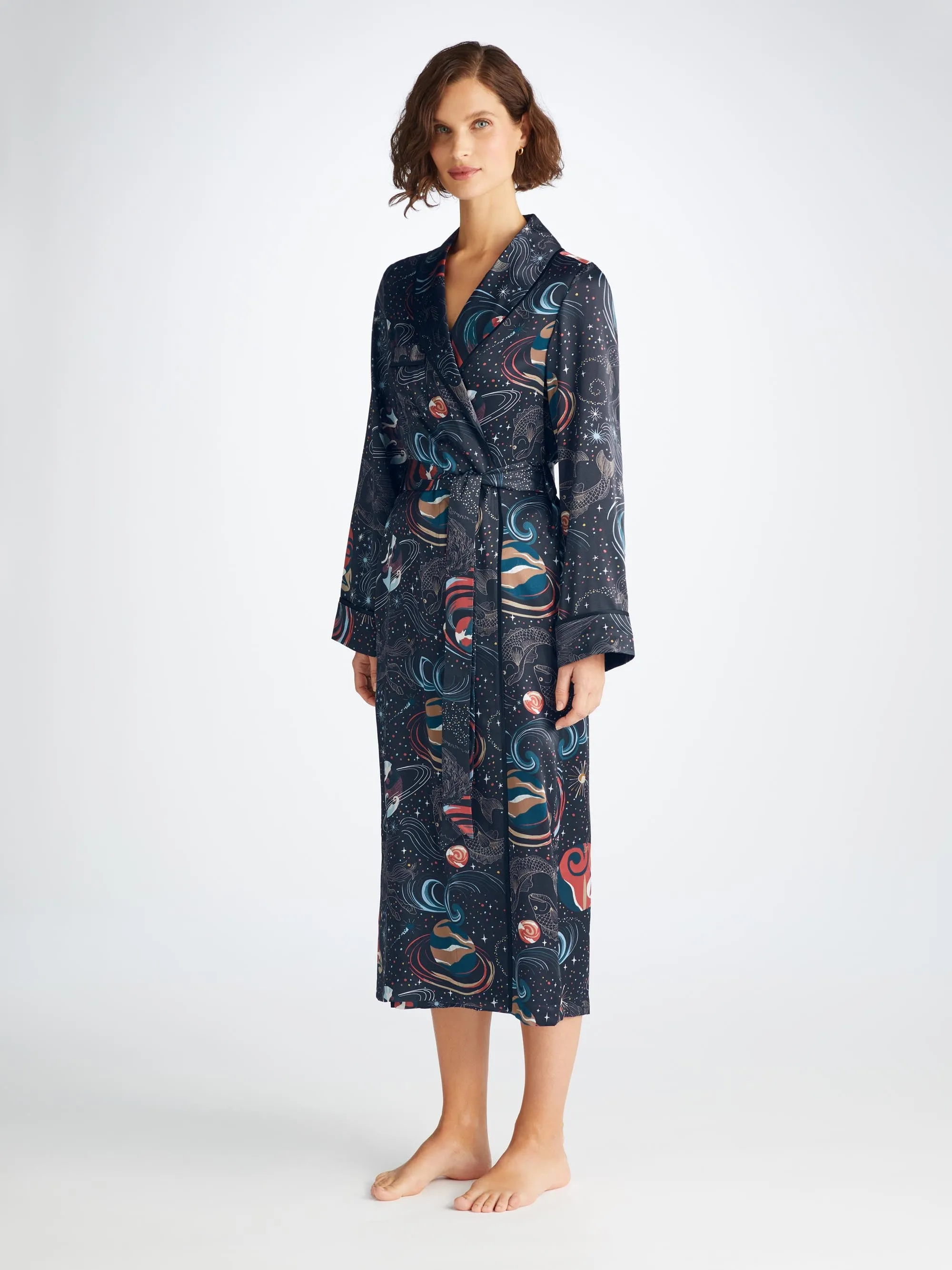Women's Long Robe Brindisi 105 Silk Satin Navy sold by Derek Rose product image thumbnail 3