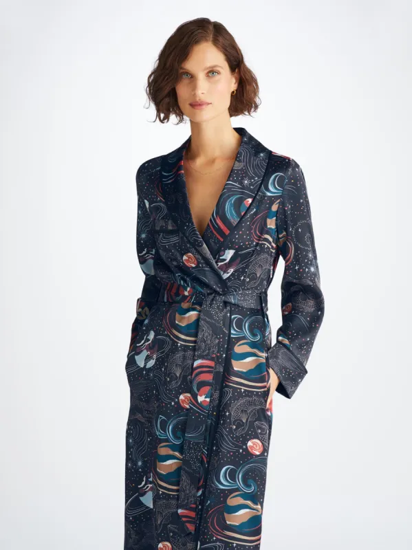 Women's Long Robe Brindisi 105 Silk Satin Navy sold by Derek Rose