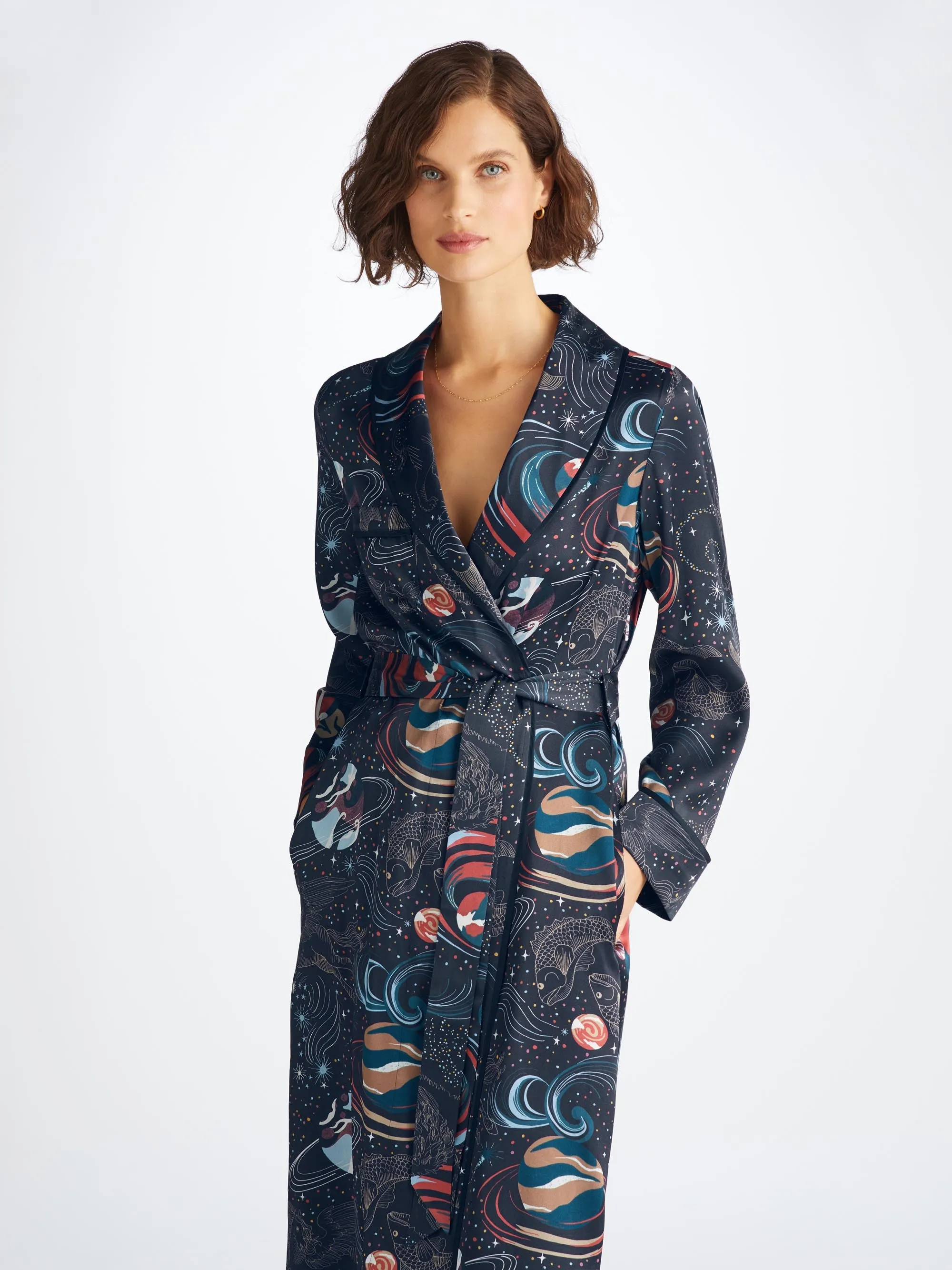 Women's Long Robe Brindisi 105 Silk Satin Navy sold by Derek Rose