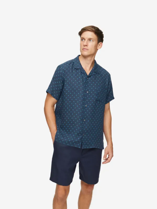 Men's Short Sleeve Shirt Milan 19 Linen Navy made by Derek Rose