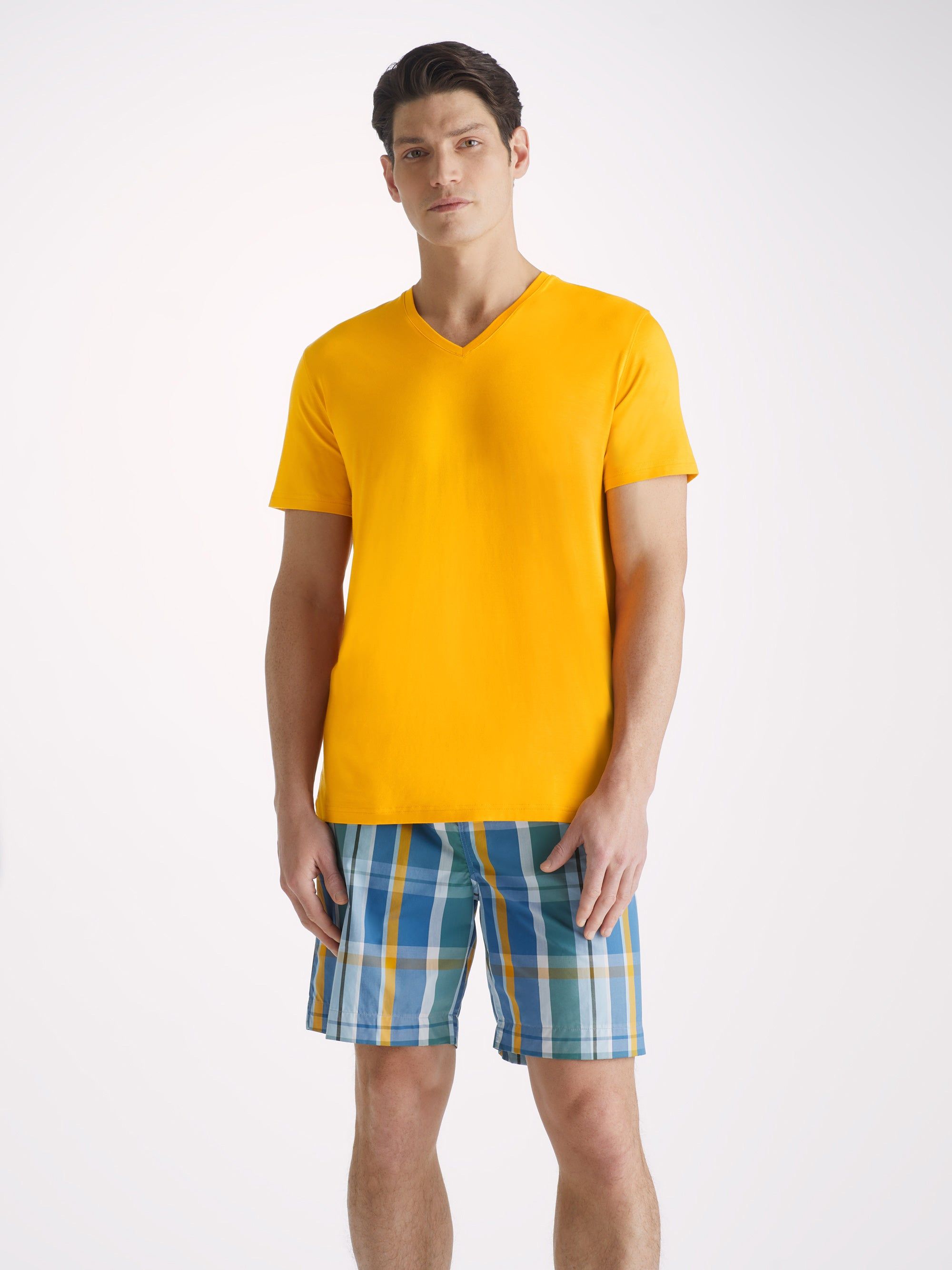 Men's V-Neck T-Shirt Basel Micro Modal Stretch Saffron sold by Derek Rose