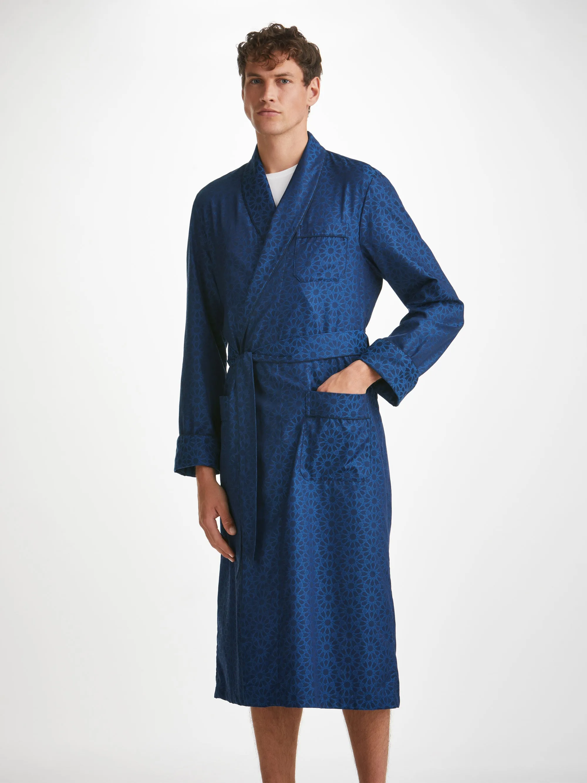 Men's Dressing Gown Paris 26 Cotton Jacquard Navy sold by Derek Rose