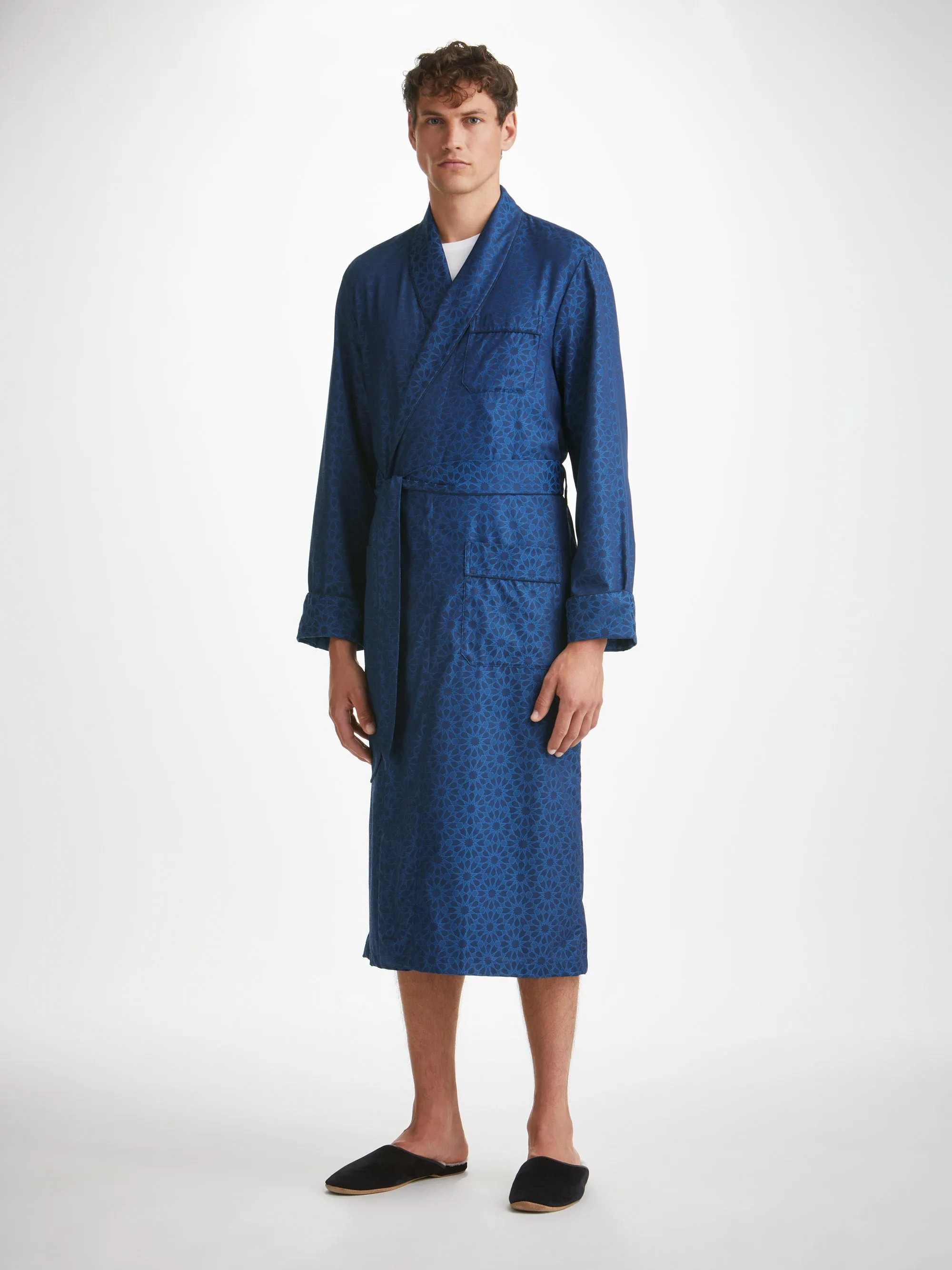 Men's Dressing Gown Paris 26 Cotton Jacquard Navy sold by Derek Rose product image thumbnail 3