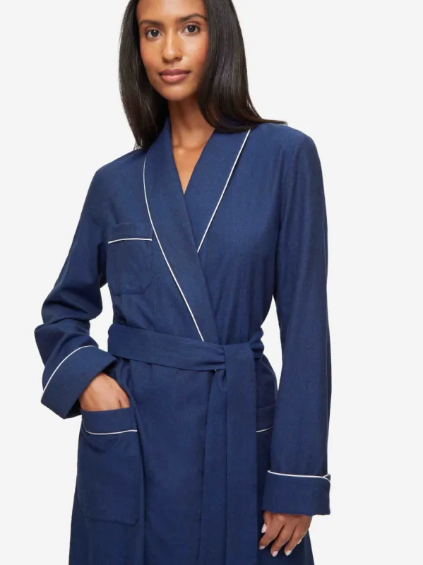 Women's Long Dressing Gown Balmoral 3 Brushed Cotton Navy sold by Derek Rose