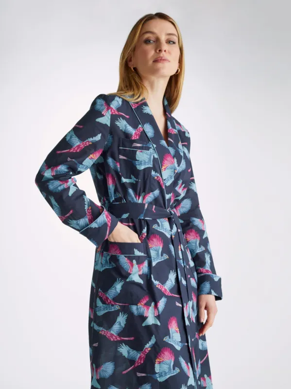 Women's Long Dressing Gown Ledbury 63 Cotton Batiste Navy sold by Derek Rose