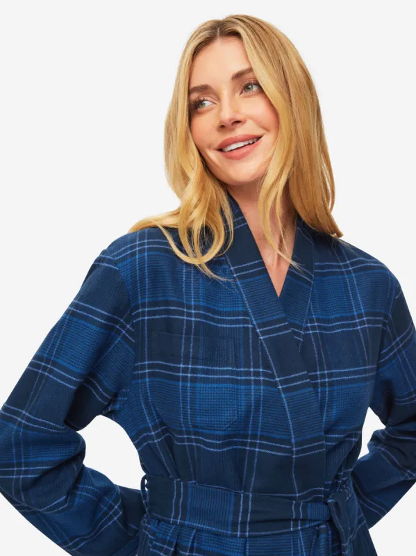 Women's Long Dressing Gown Kelburn 27 Brushed Cotton Navy sold by Derek Rose