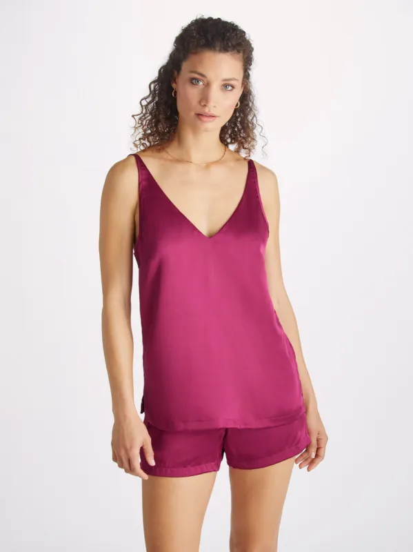 Women's Short Cami Pyjamas Bailey 2 Silk Satin Berry sold by Derek Rose