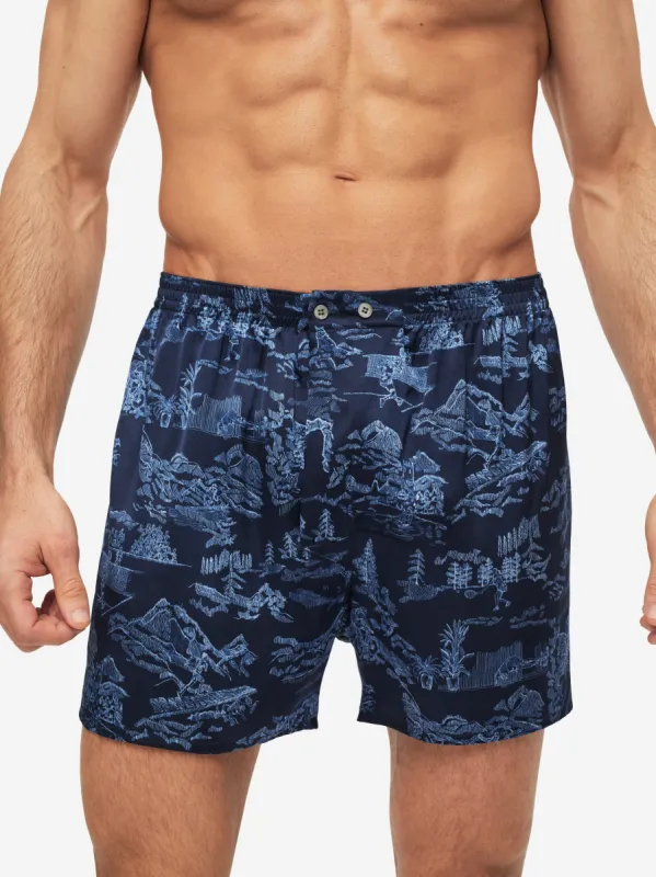 Men's Classic Fit Boxers Brindisi 84 Silk Satin Navy sold by Derek Rose