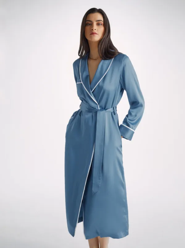 Women's Long Dressing Gown Bailey Silk Satin Soft Denim sold by Derek Rose