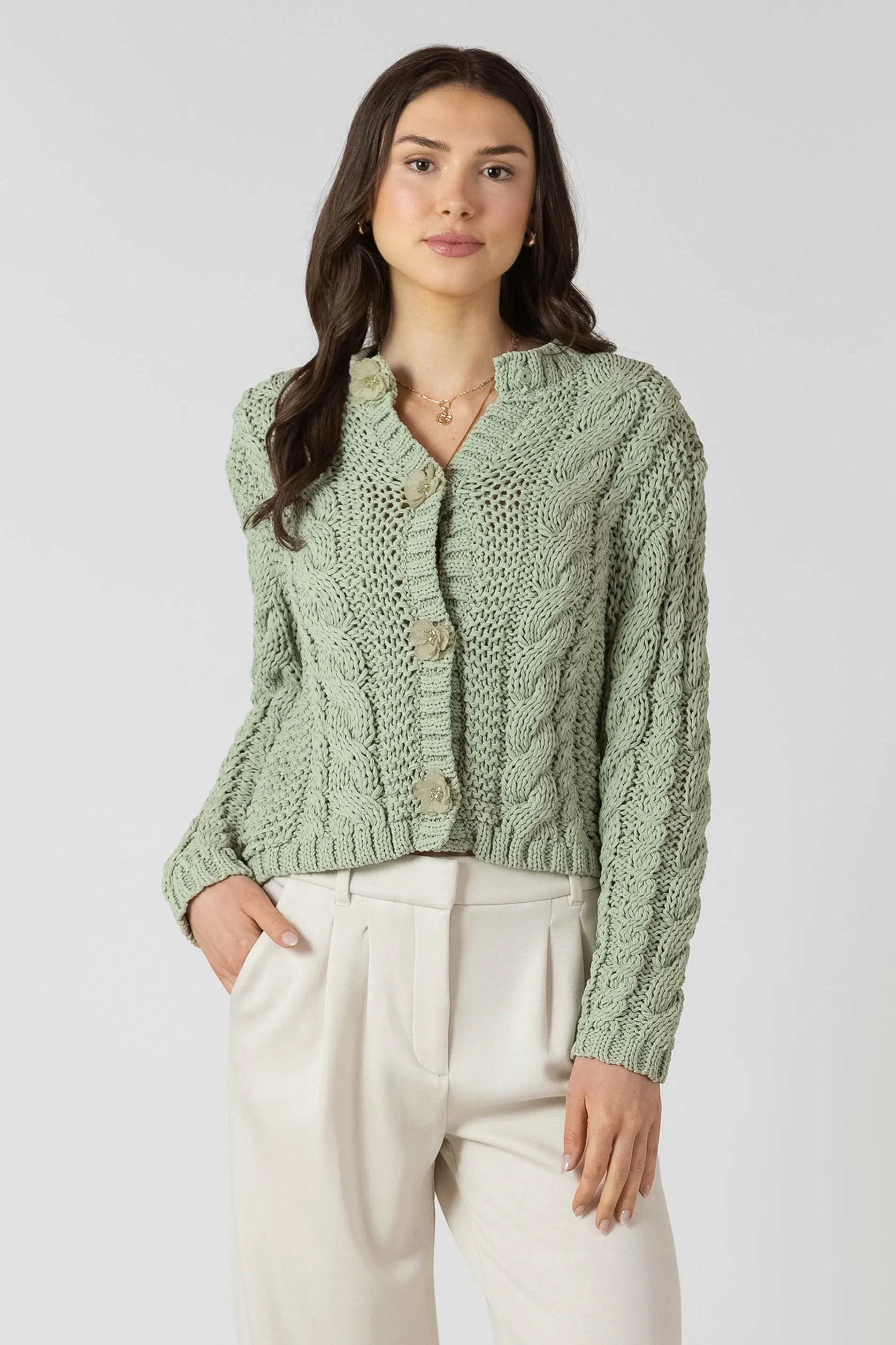 Floral Button Cable Cardigan sold by Dex