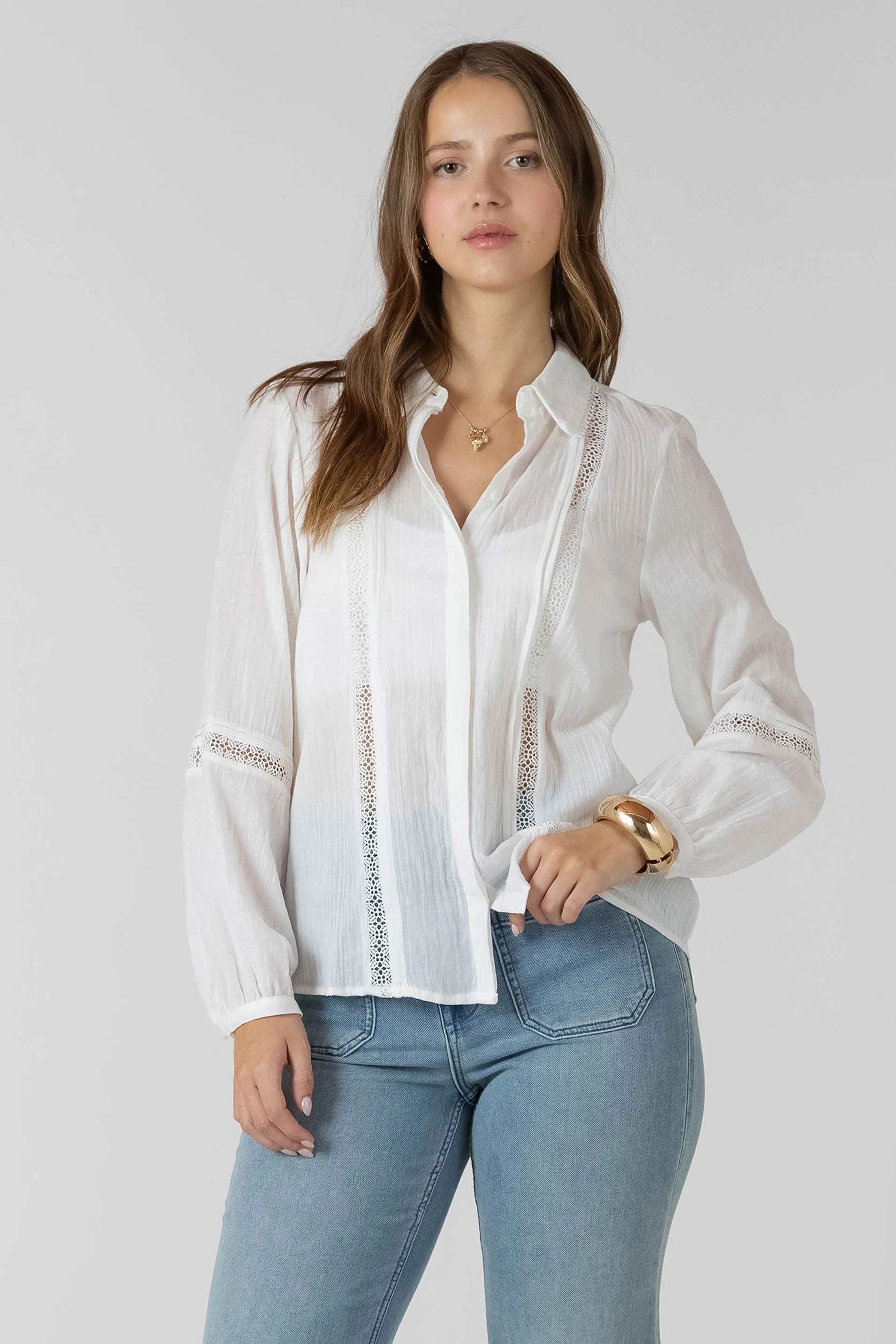 Lace Insert Button Front Blouse sold by Dex