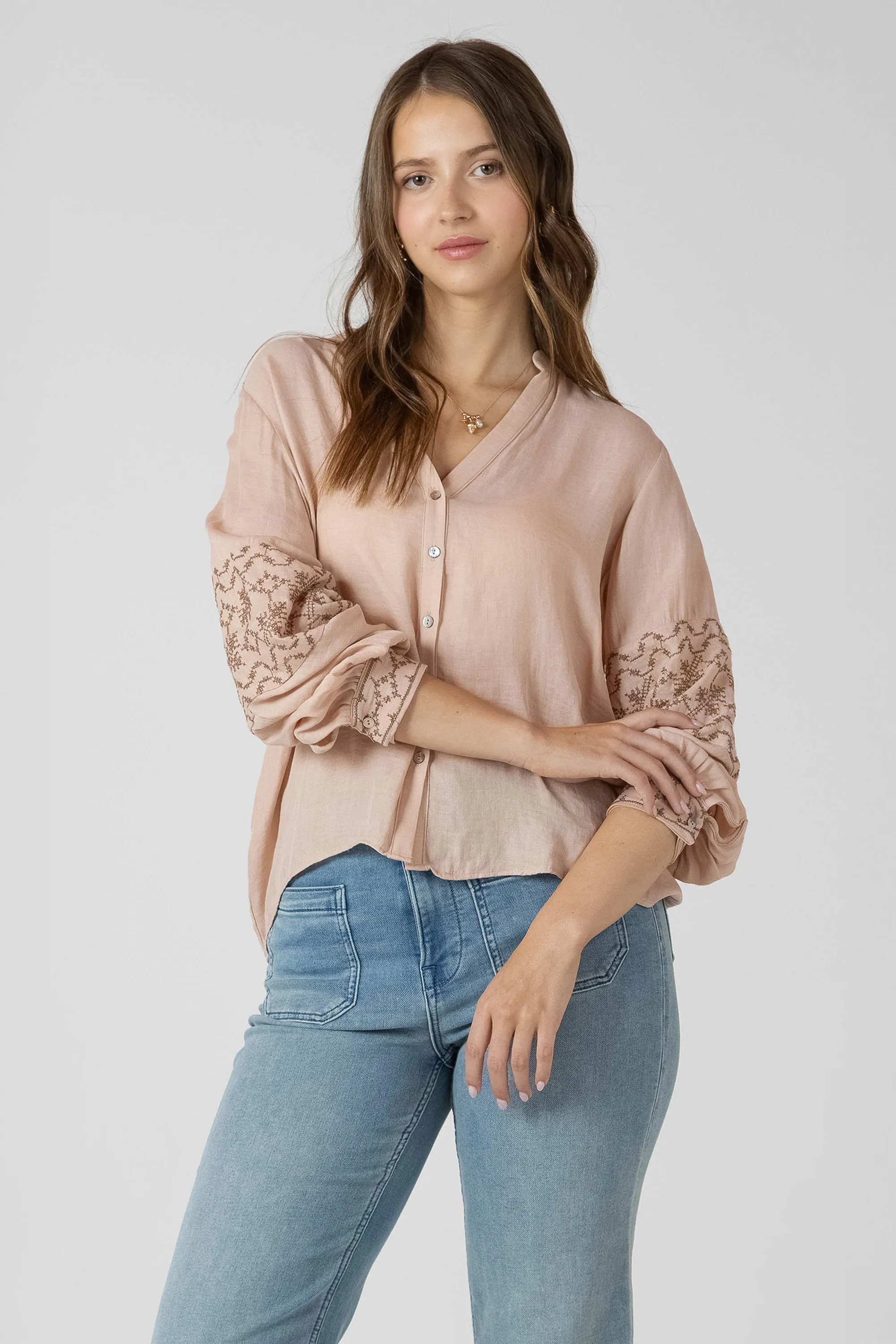 Embroidered Button Front Blouse sold by Dex