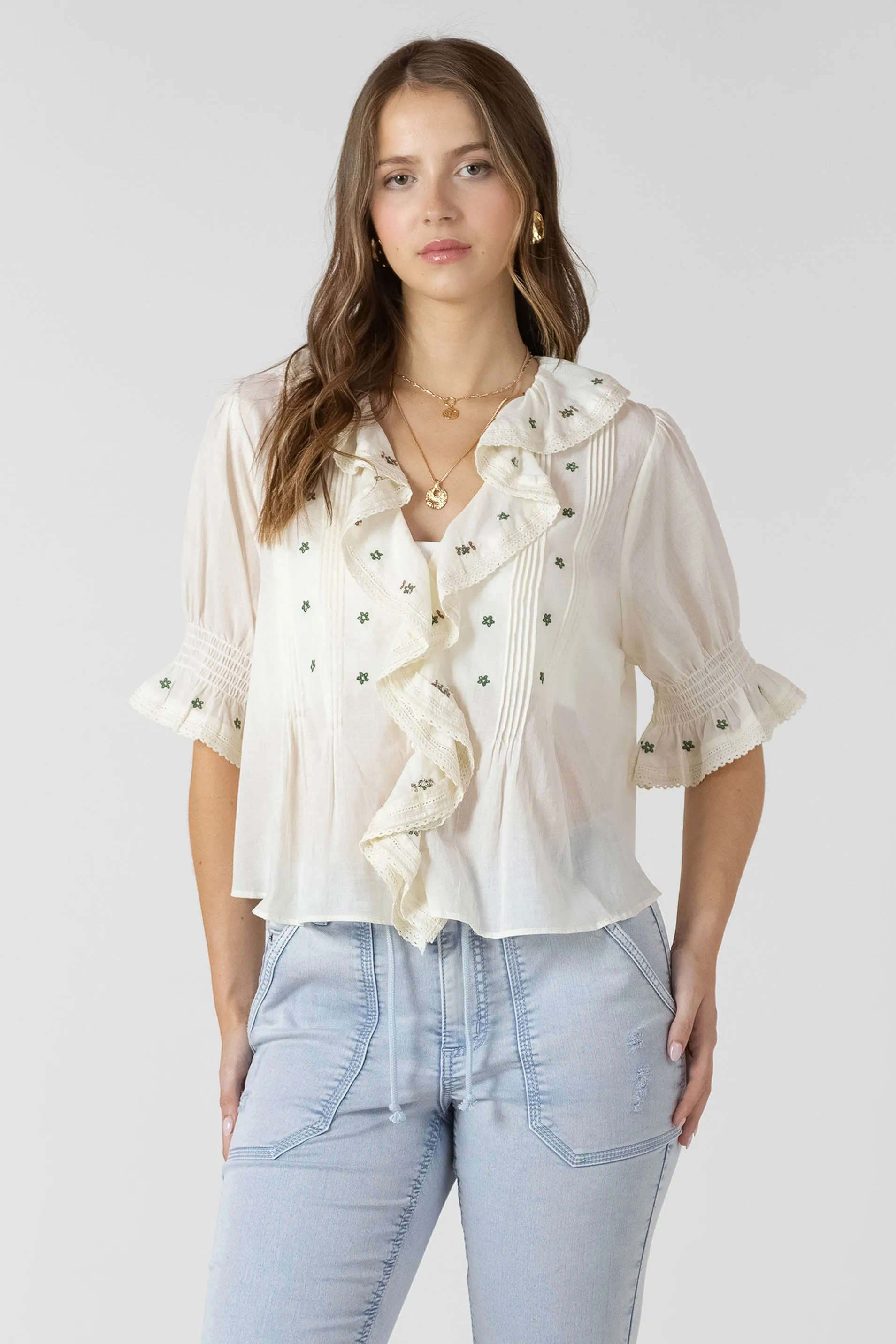 Ruffle Detail Embroidered Blouse sold by Dex