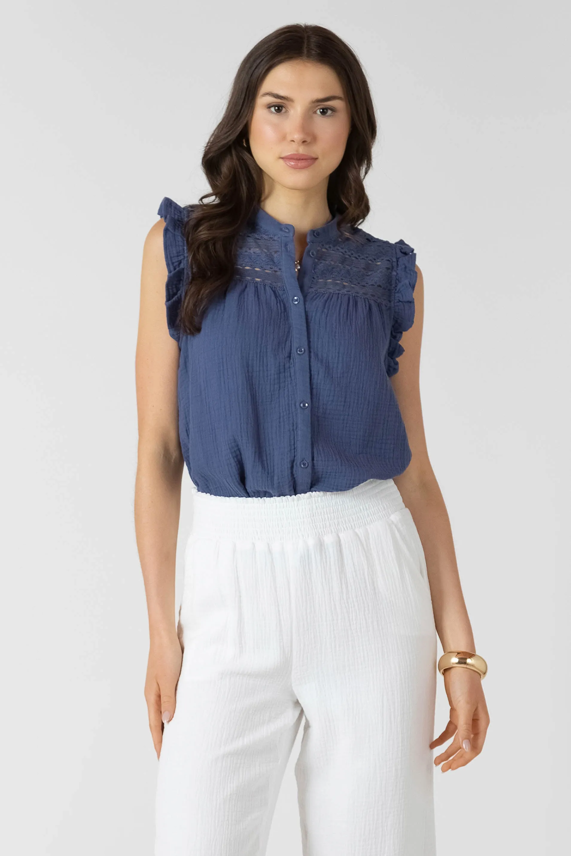 Lace Insert Button Front Blouse sold by Dex