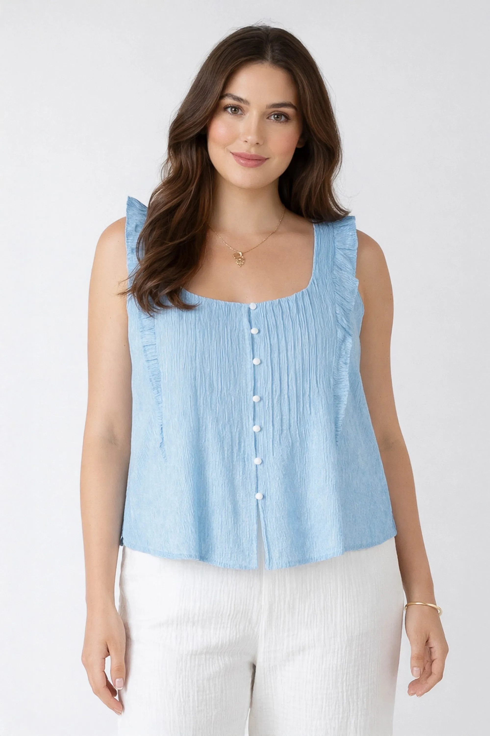 Pintuck Ruffle Detail Tank sold by Dex